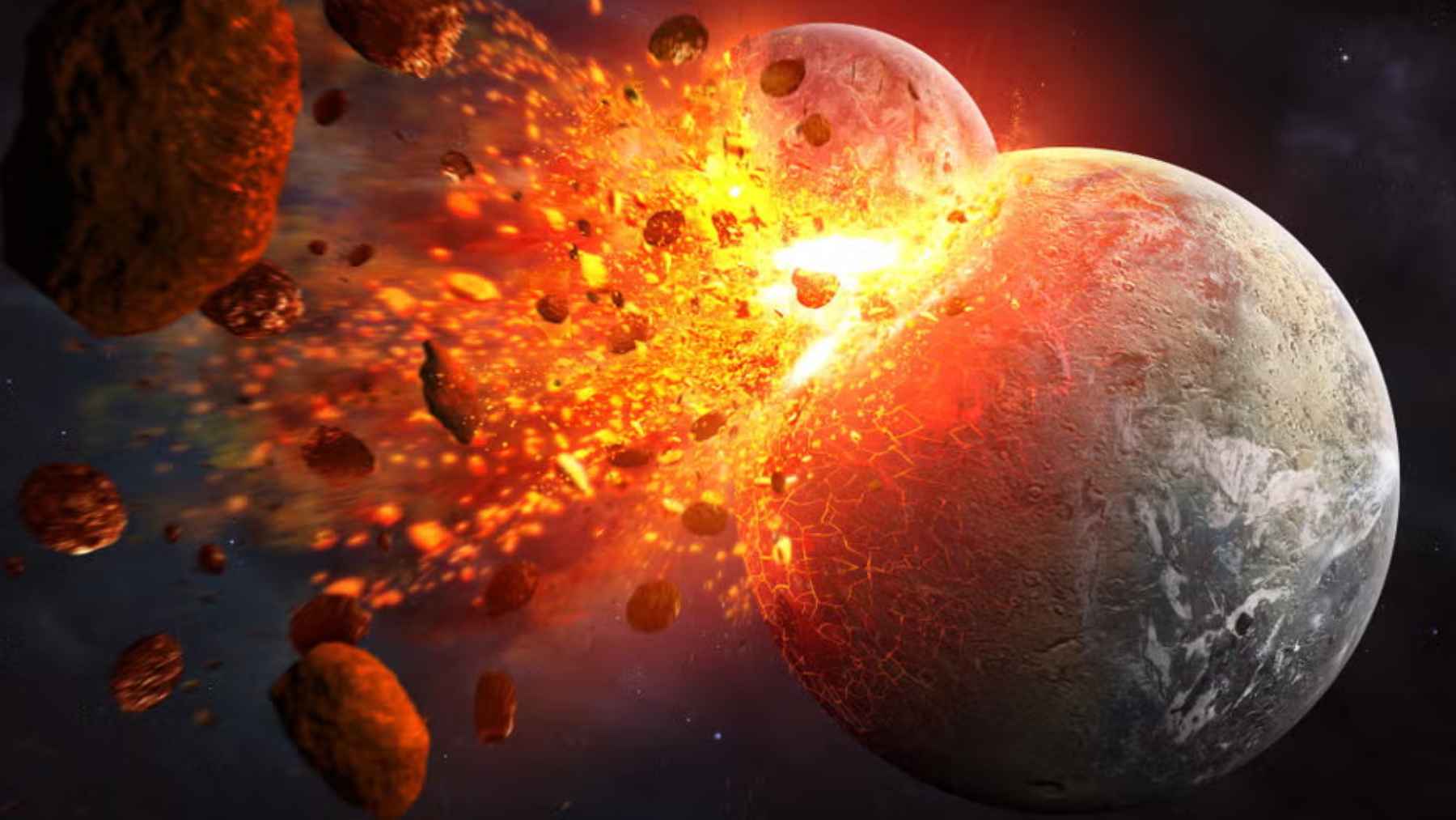 Artist’s illustration of two planets colliding in space and blasting fiery debris