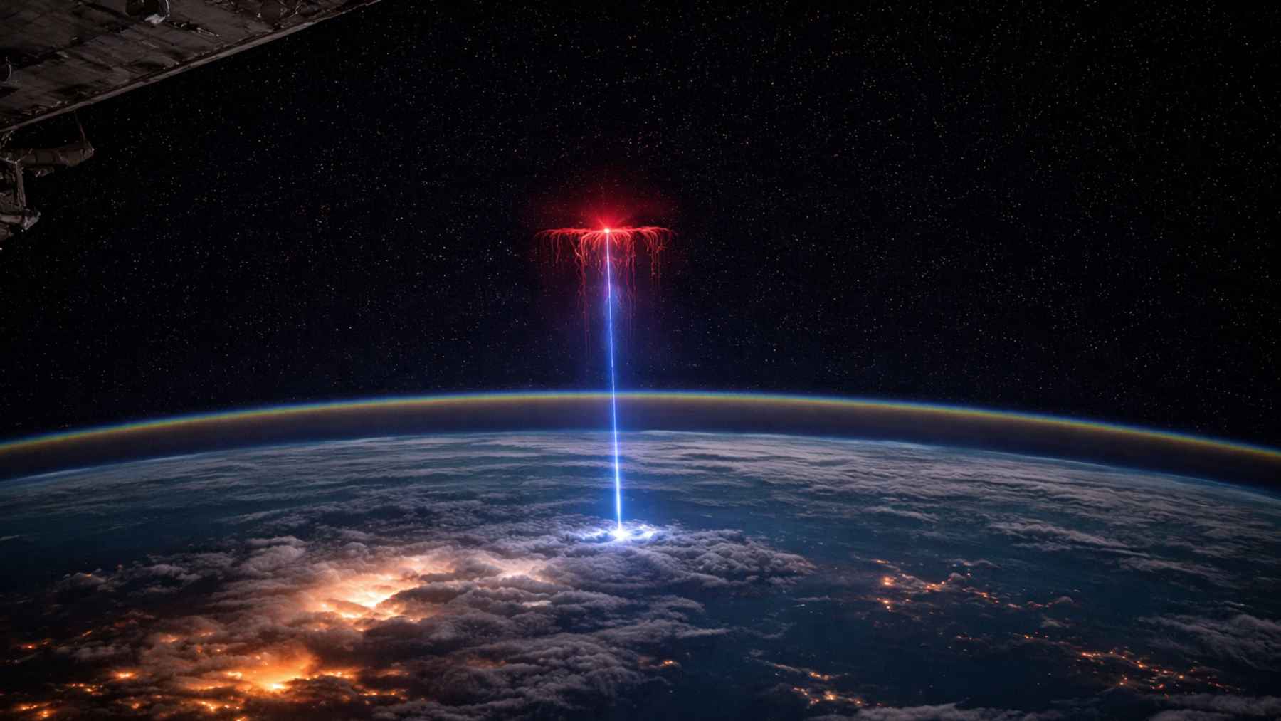 Rare gigantic jet lightning shooting upward from a thunderstorm toward space as seen from the International Space Station