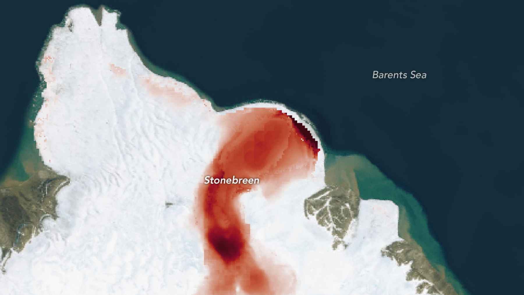 NASA map showing seasonal surface velocity changes on Stonebreen glacier in Svalbard, with red areas marking faster summer flow