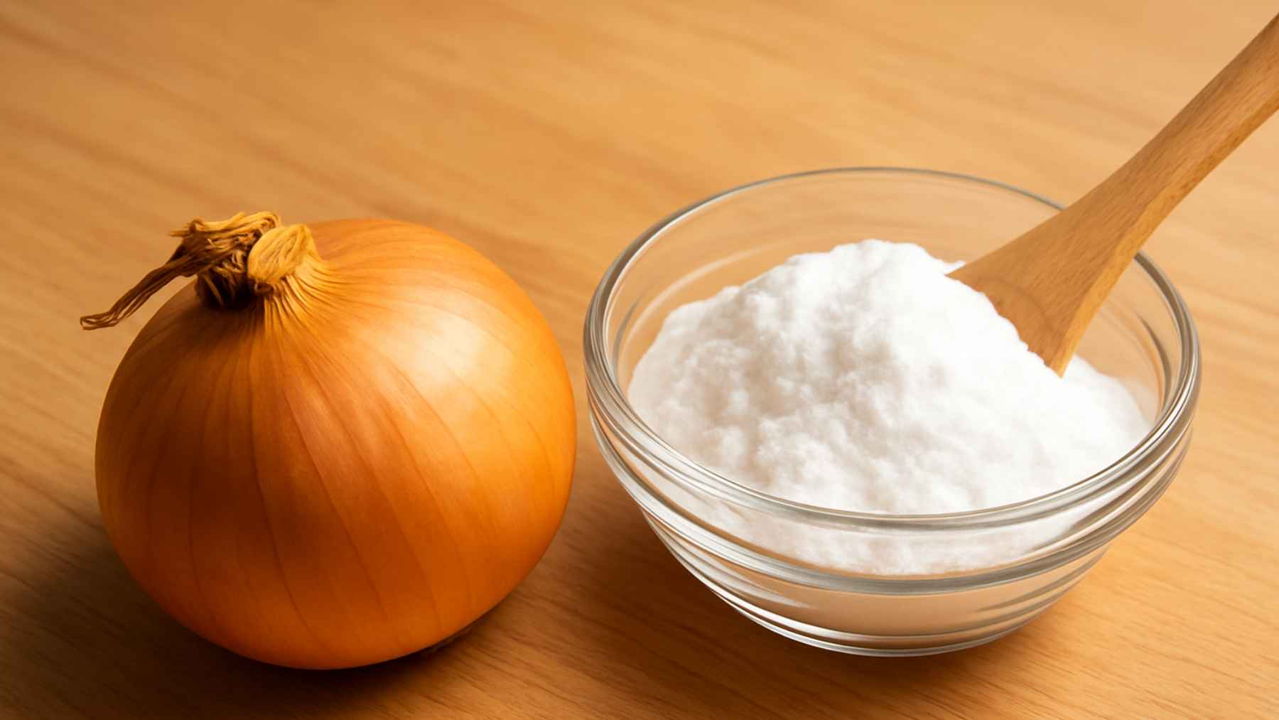 Whole onion beside a glass bowl of baking soda on a wooden table, ingredients often used in homemade insect bait