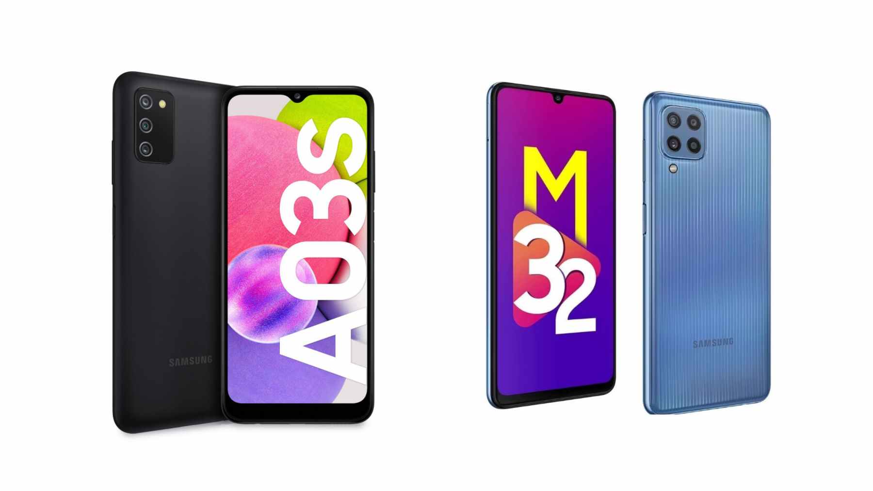 Product image showing Samsung Galaxy A03s and Galaxy M32 5G, two Galaxy phones that have reached the end of security updates.
