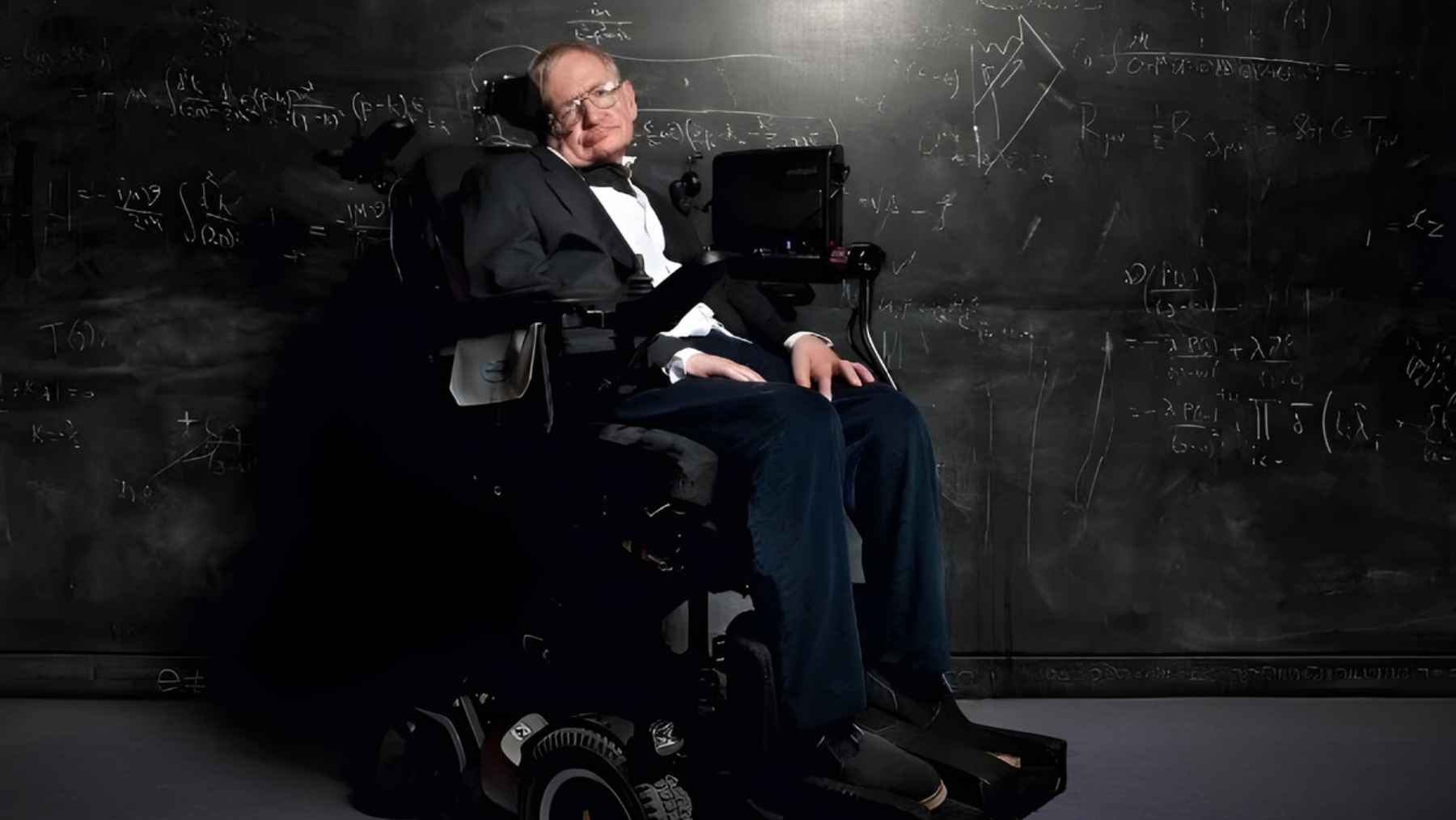 Stephen Hawking seated in front of a chalkboard filled with equations, illustrating his warning about knowledge, certainty, and scientific curiosity