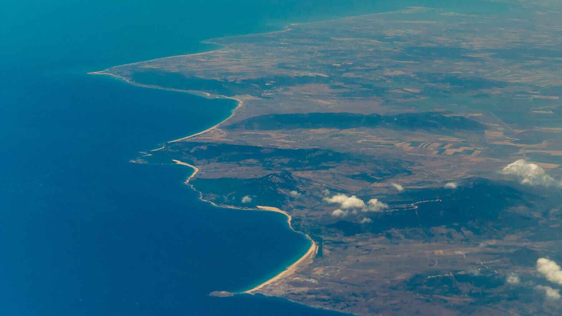 Aerial view of the Strait of Gibraltar between Spain and Morocco highlighting geological activity and tectonic plate boundaries