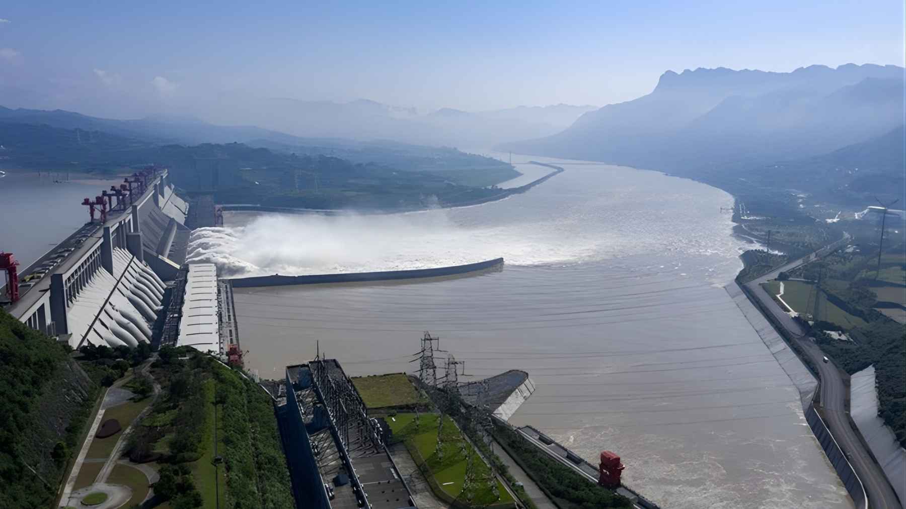 Wide view of China’s Three Gorges Dam and river channel, illustrating one of the world’s largest hydropower projects.