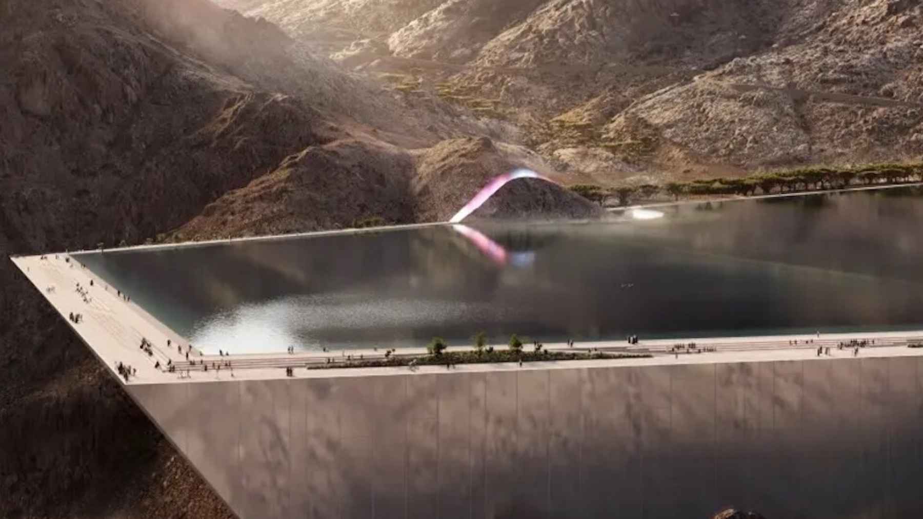 Rendering of Trojena freshwater lake surrounded by mountains and dam structures in Saudi Arabia