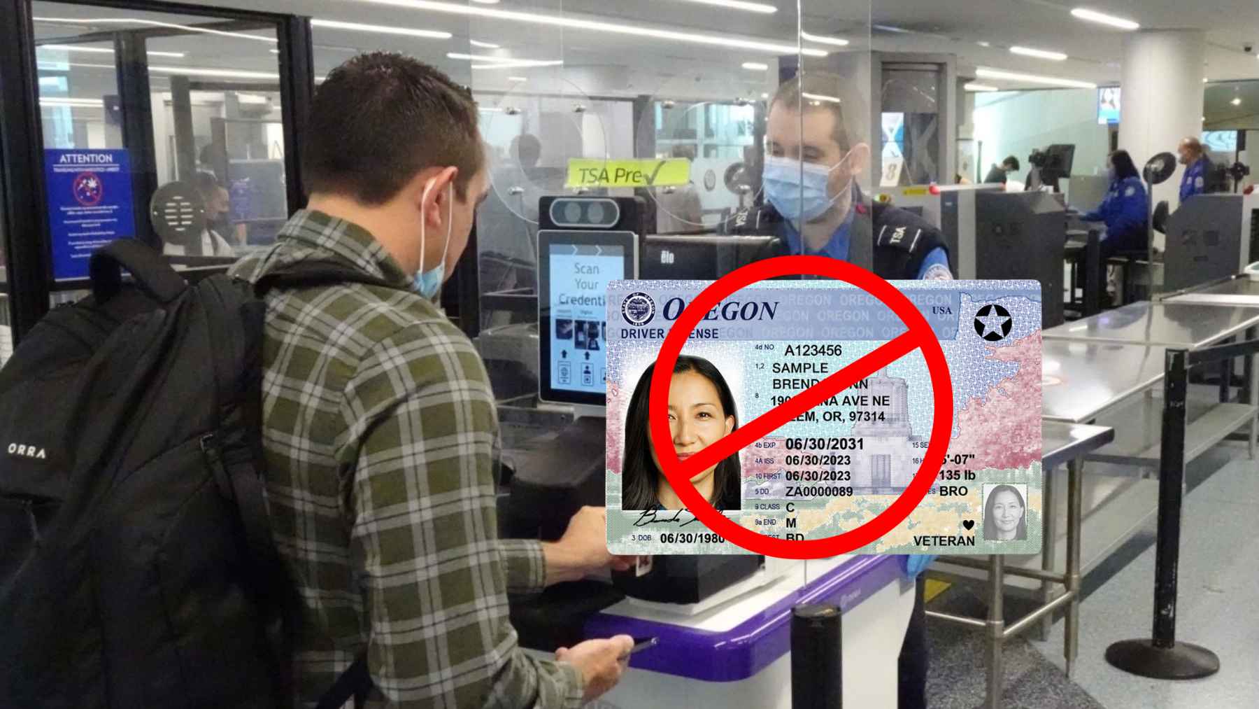 Traveler at a TSA checkpoint with a crossed-out driver’s license graphic, illustrating the new ConfirmID process for passengers without REAL ID.