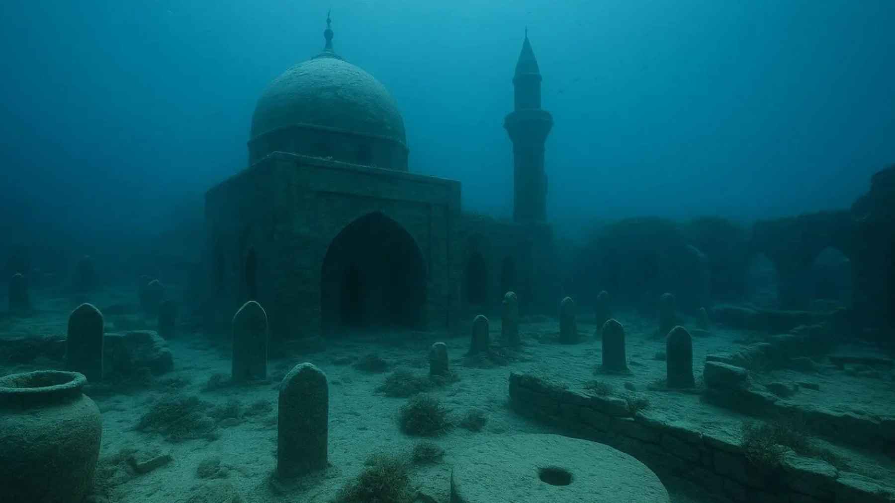 Submerged ruins of a medieval settlement on the floor of Lake Issyk-Kul in Kyrgyzstan, with stone structures and graves underwater