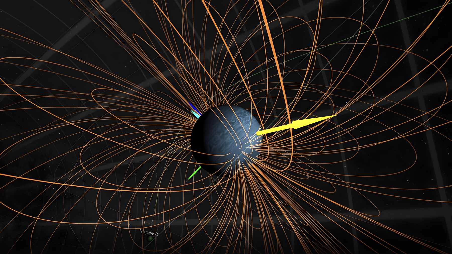 An artistic rendering of Voyager 2 approaching Neptune, highlighting the planet's tilted and off-center magnetic field lines.