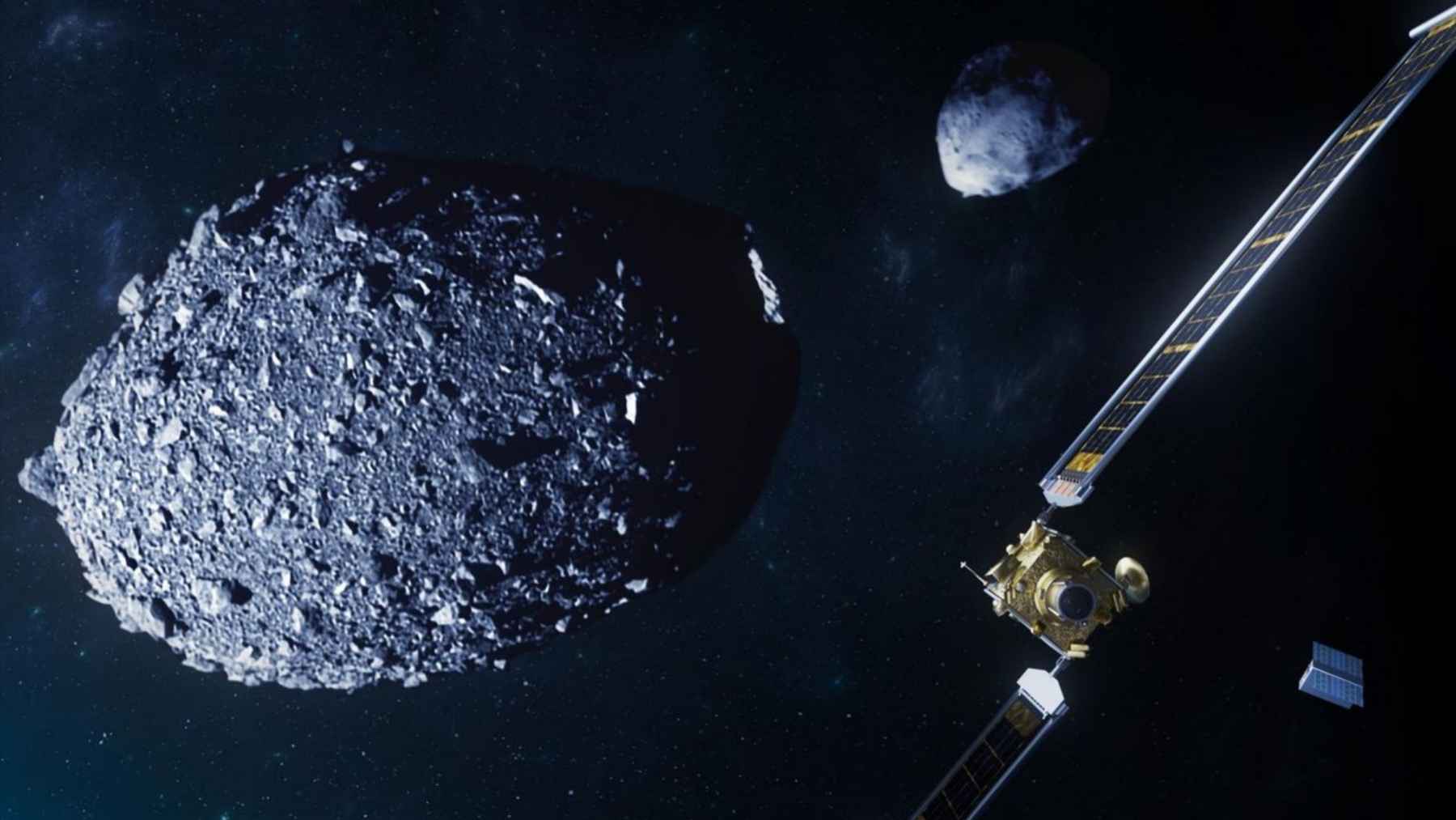 Illustration of NASA’s DART spacecraft approaching the Dimorphos and Didymos asteroid system in space