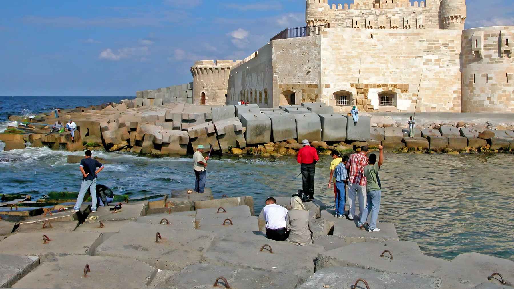 Stone blocks linked to the Lighthouse of Alexandria near Qaitbay Citadel after being recovered from the seabed