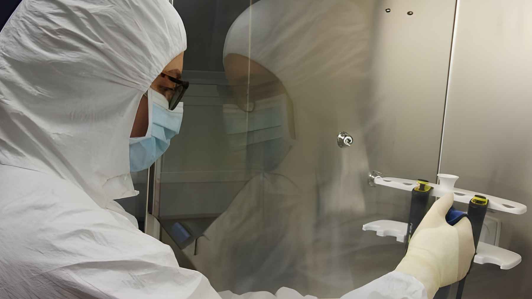 Scientist in protective suit handling samples in a laboratory for ancient DNA analysis
