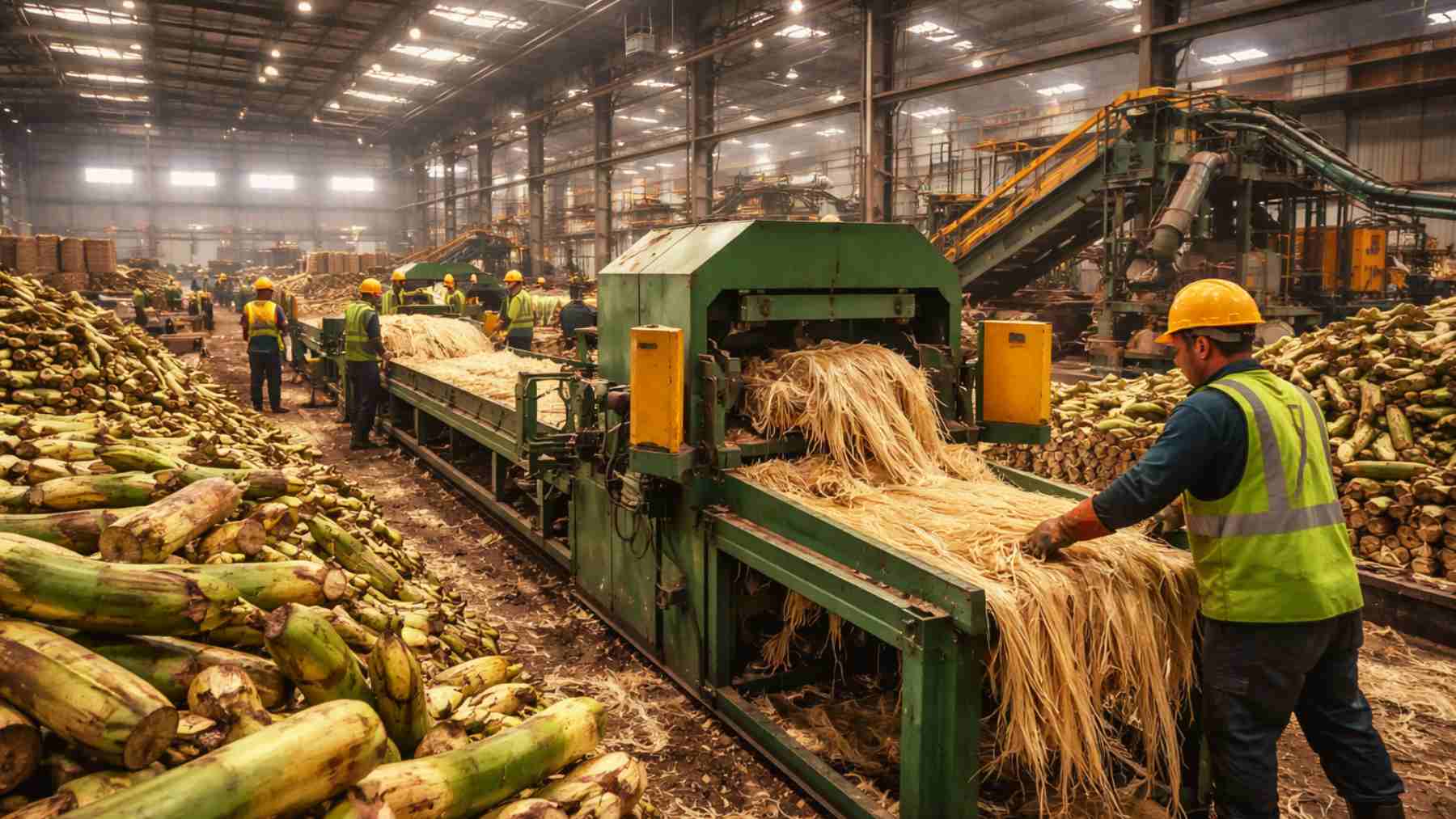 Workers operate industrial machinery processing banana pseudostems into fiber pulp for tissue paper production inside a large factory