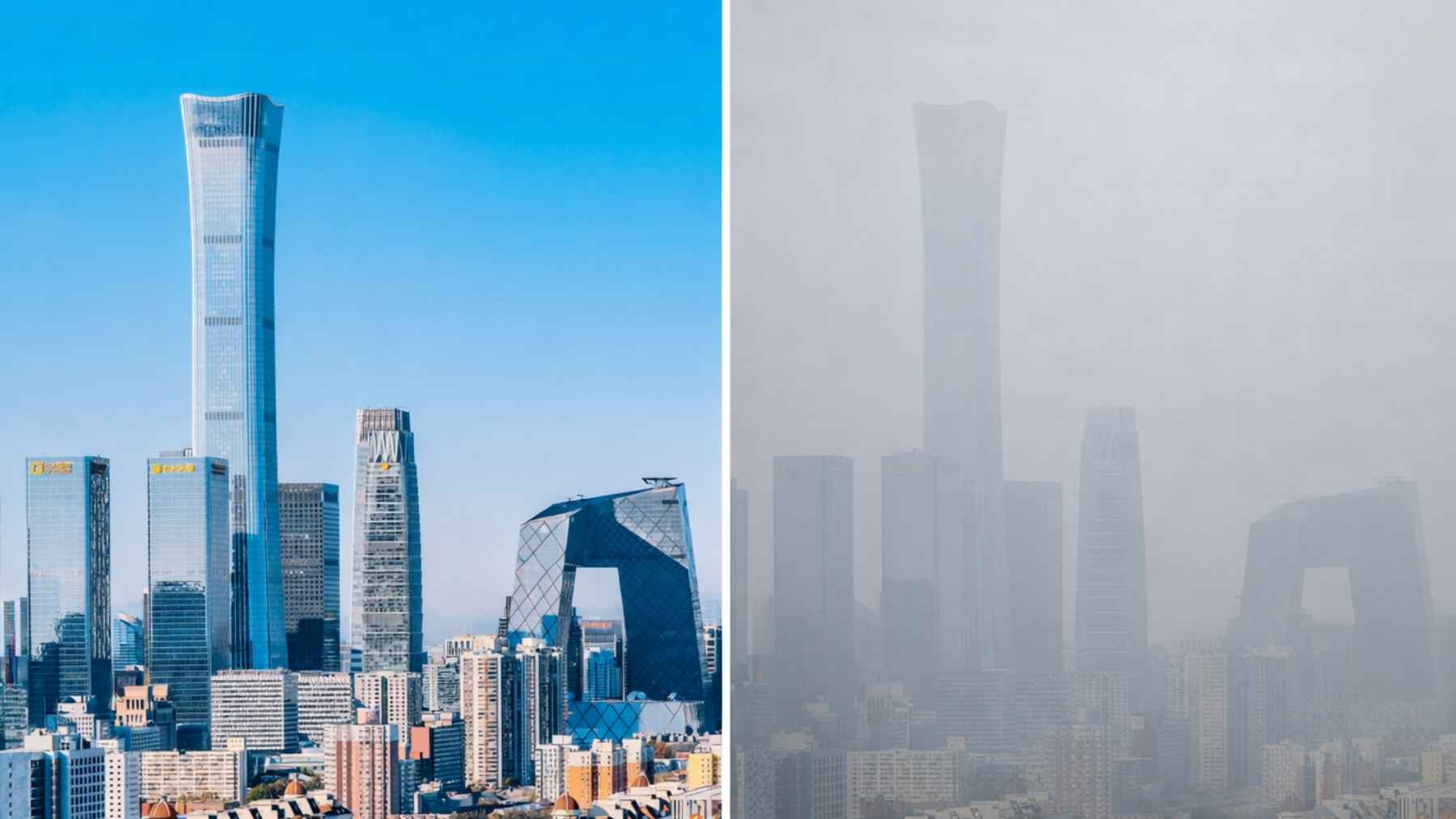 Beijing skyline showing clear air versus heavy smog as PM2.5 pollution hit a record low in 2025