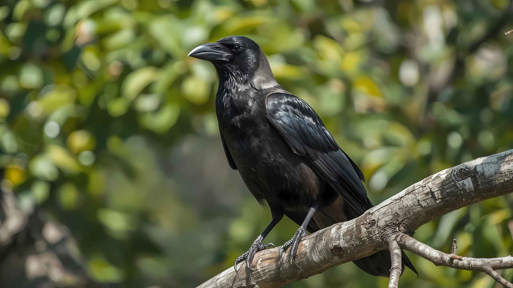 Carrion crow perched on a tree branch, the bird species used in a study on shape recognition and animal intelligence