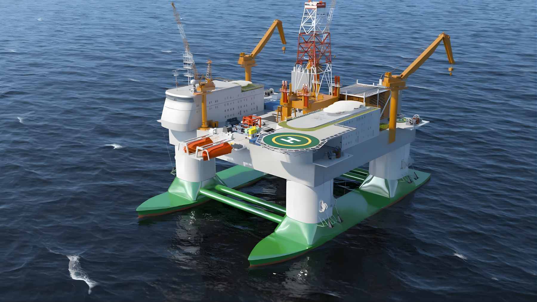 A massive, twin-hull semi-submersible research platform floating in the ocean, designed by China for deep-sea exploration.