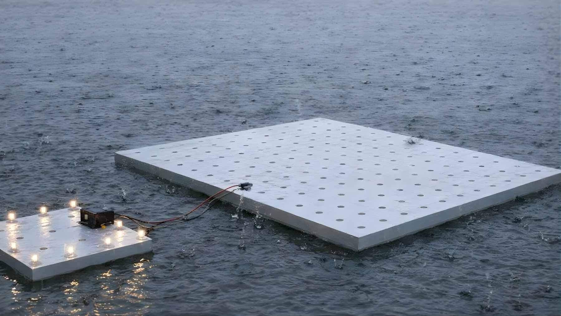 A close-up of raindrops hitting the floating surface of a Water-integrated Droplet Electricity Generator panel.