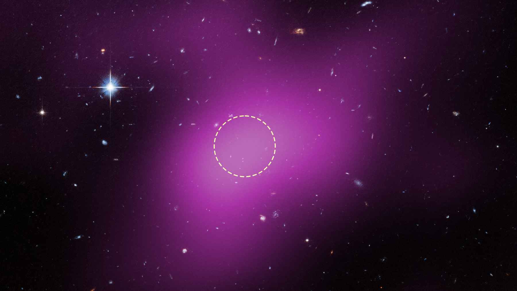 Composite space image showing a faint circled object inside a purple dark matter-rich region, linked to the Cloud 9 discovery