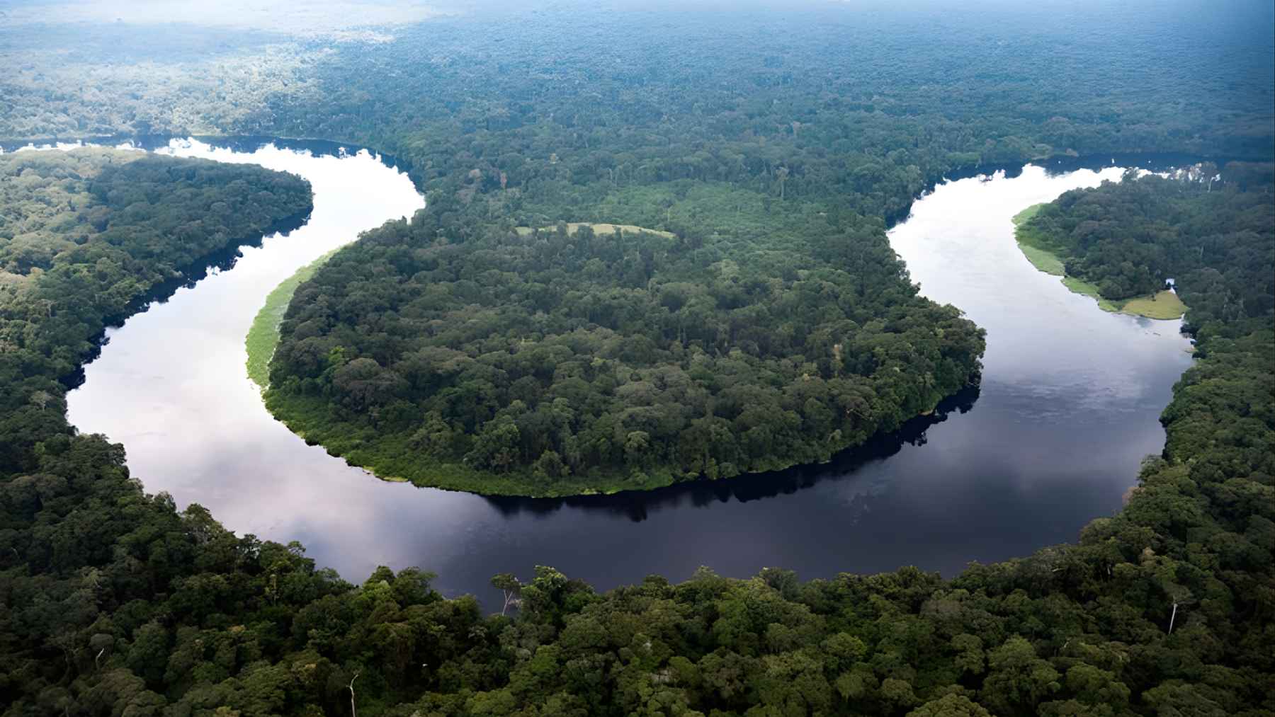 Aerial view of a dark blackwater river or lake winding through dense forest in the Congo Basin