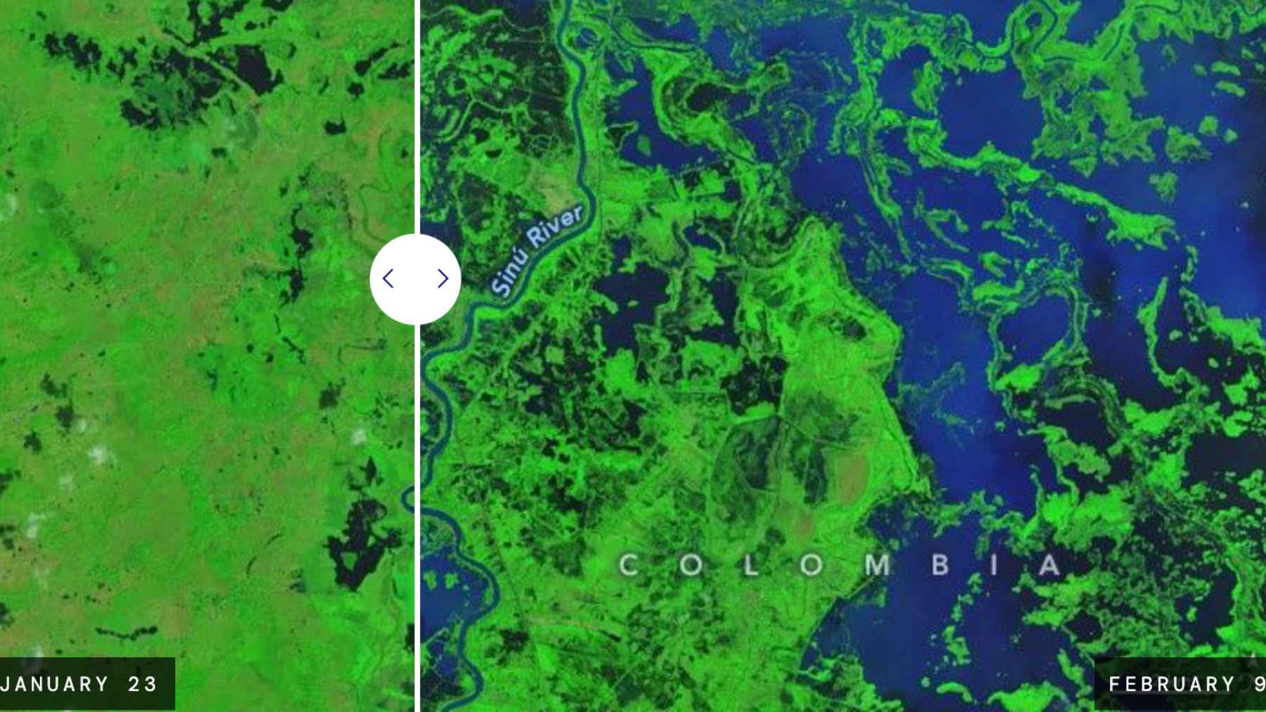 Satellite view of severe flooding in Córdoba Colombia after extreme February rains covering farmland and communities