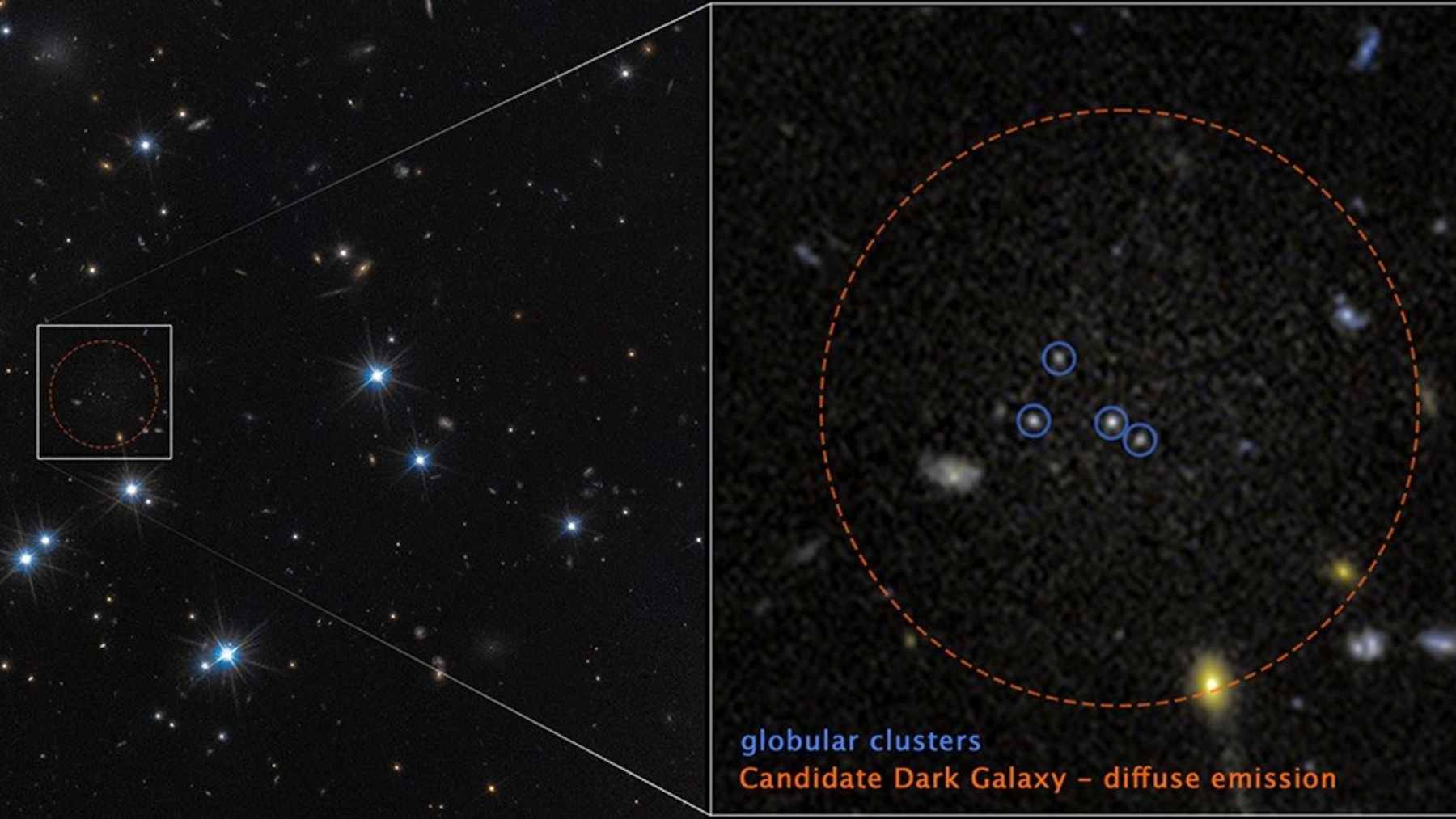 The existence of an invisible galaxy has been confirmed for the first time: it is composed of 99.9% dark matter 1 A deep-space composite image from the Hubble and Euclid telescopes showing the Perseus galaxy cluster, with a circle highlighting the faint star clusters of CDG-2.