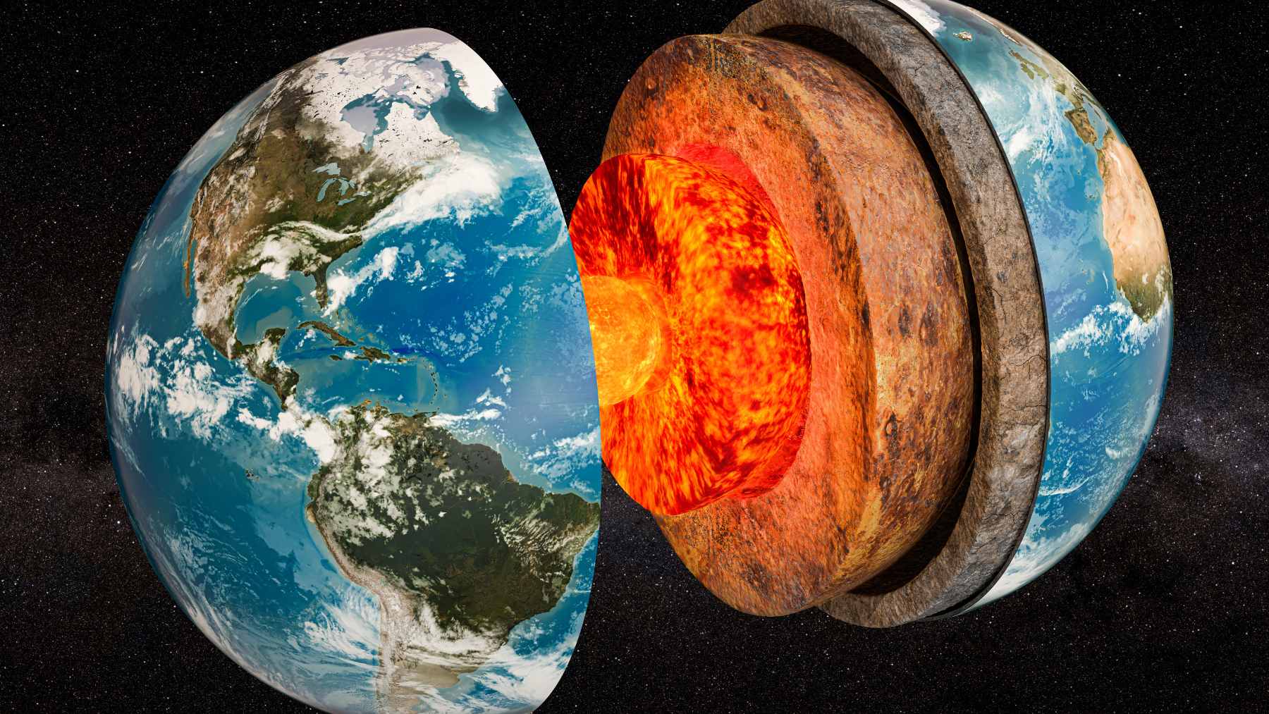 A cross-section diagram of Earth showing a hot mantle plume transporting metallic elements from the liquid outer core to the surface crust.
