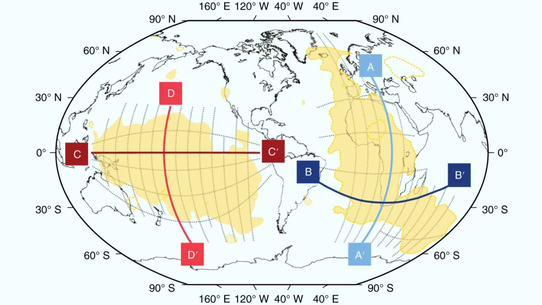 World map showing the two giant deep mantle blobs beneath Africa and the Pacific Ocean