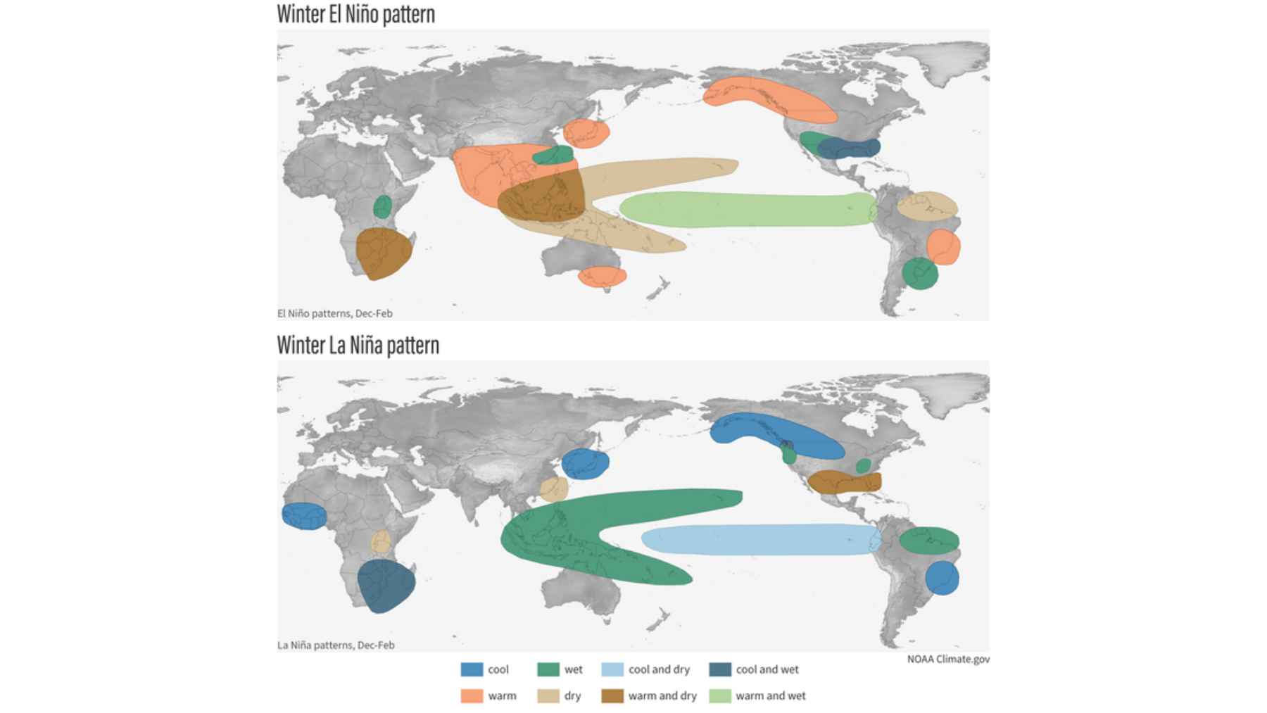 A stacked comparison map from NOAA showing typical winter weather impacts for El Niño and La Niña phases across the globe.