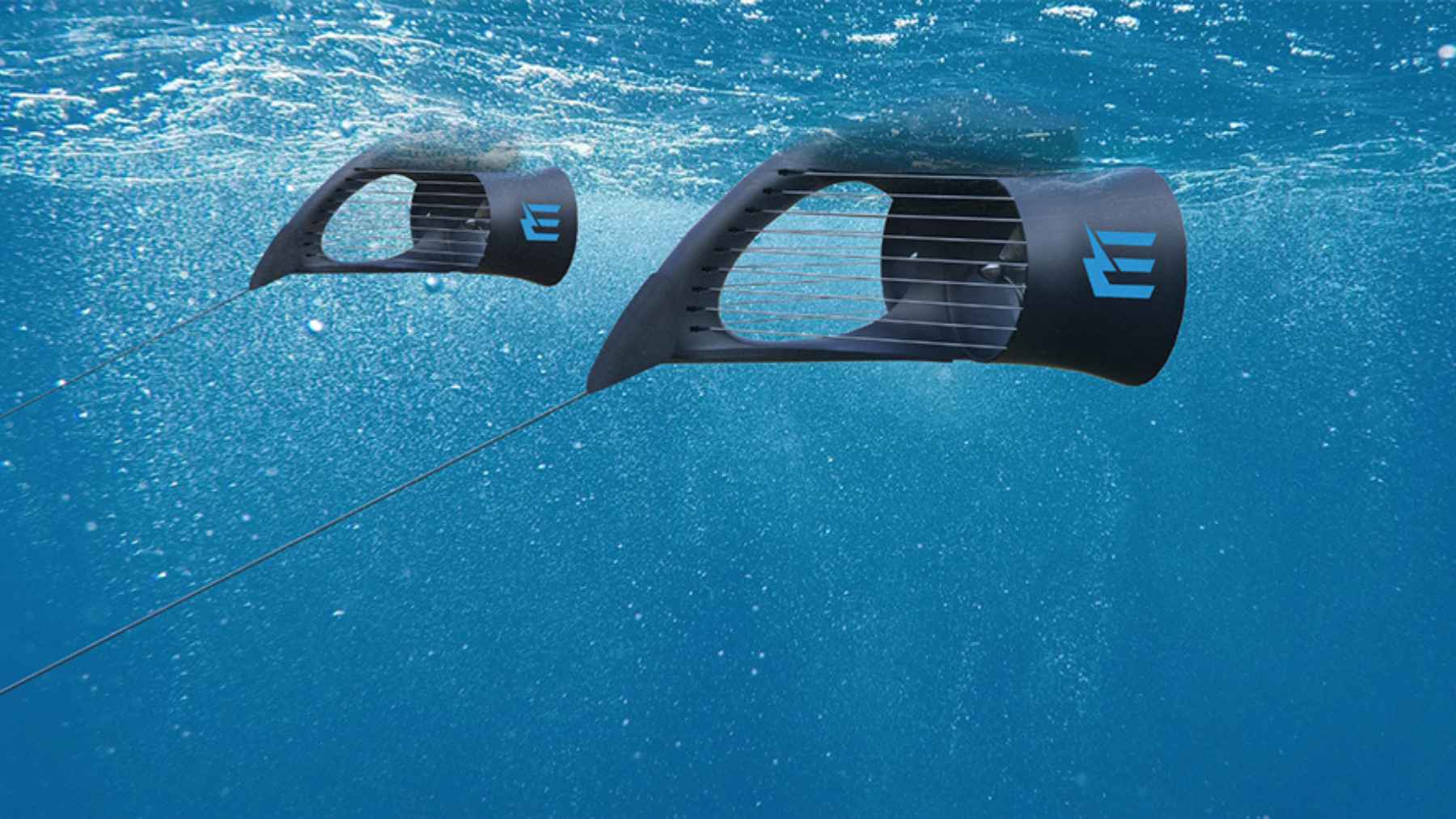 Underwater view of Energyfish turbines generating electricity from river currents without a dam