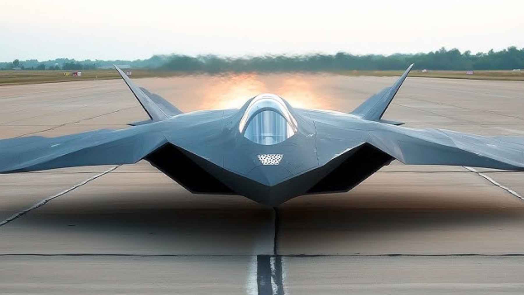 Front view of a futuristic sixth-generation fighter jet on a runway, representing the U.S. Air Force F-47 program