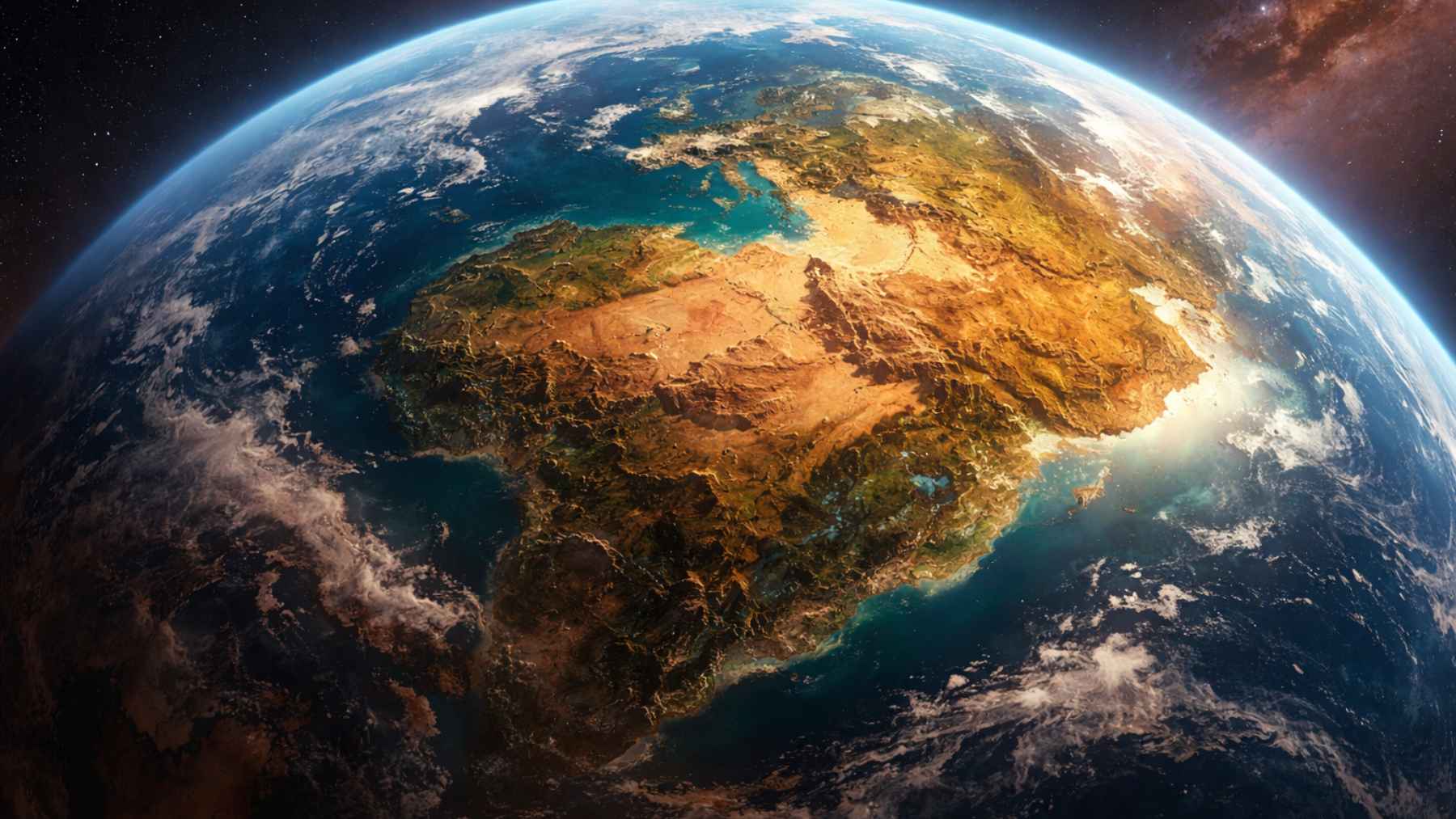 Illustration of future Earth from space with a single giant supercontinent surrounded by vast oceans