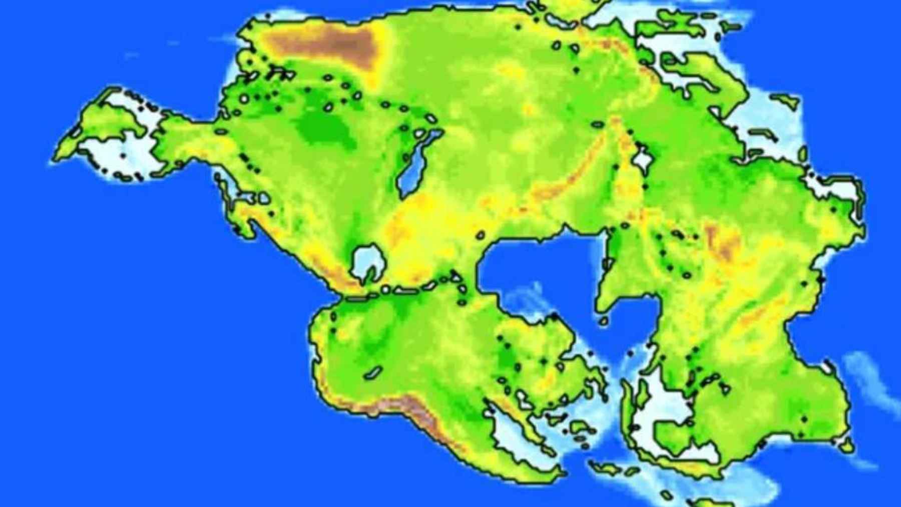 Illustration or map showing a future supercontinent configuration of Earth based on tectonic plate movement models