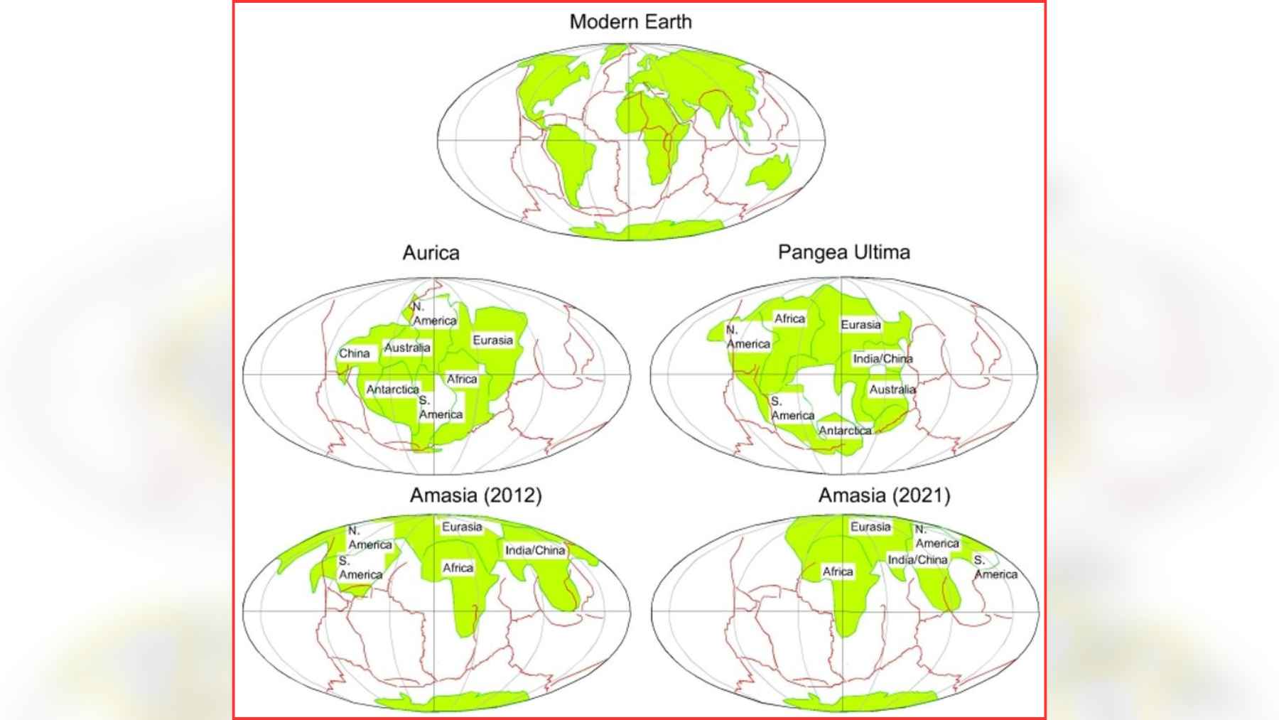 Scientific map comparing modern Earth with future supercontinent scenarios including Aurica, Pangea Ultima and Amasia