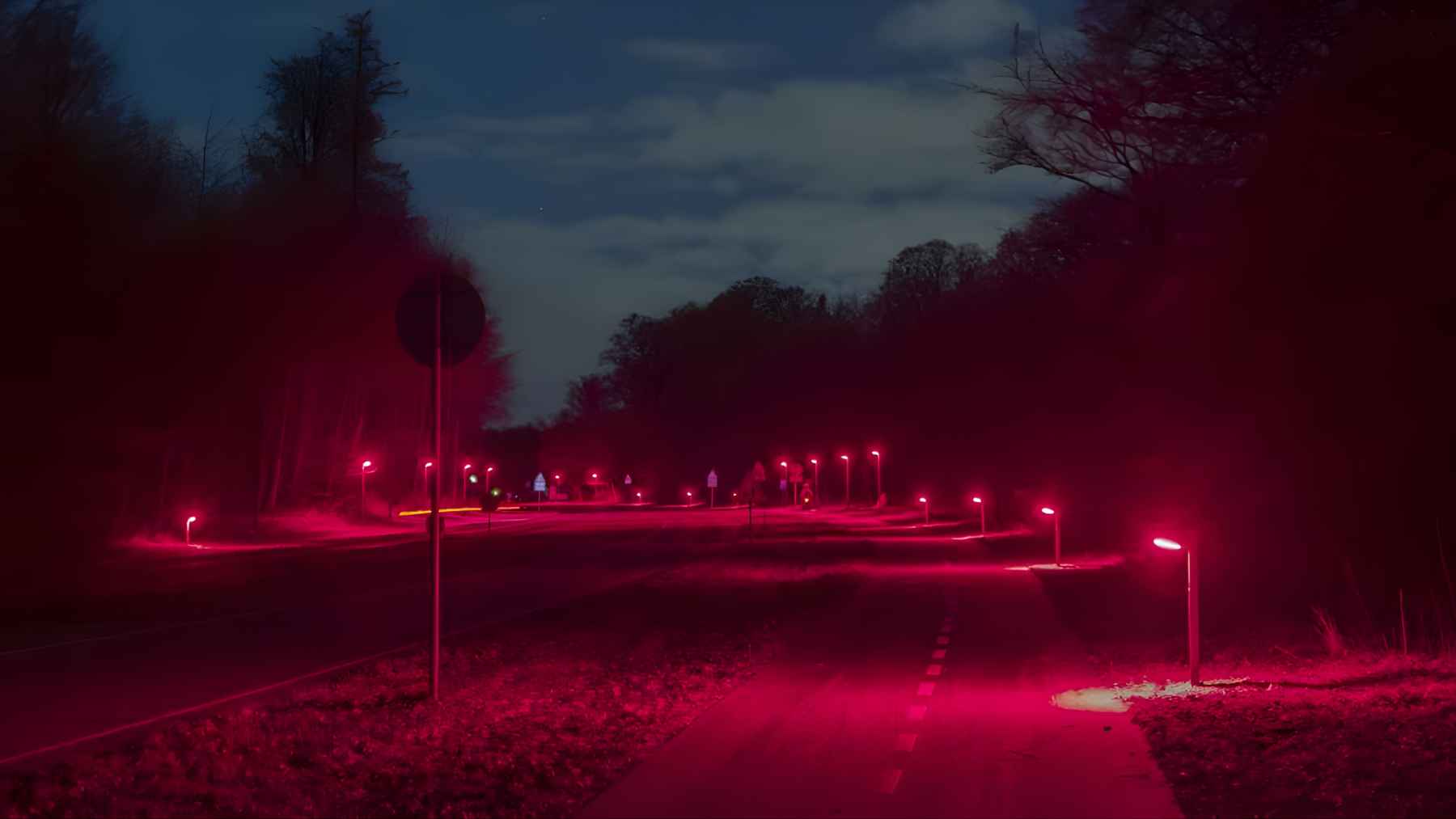 Red streetlights illuminate a road and surrounding trees in Gladsaxe, Denmark, in a bat-friendly lighting project