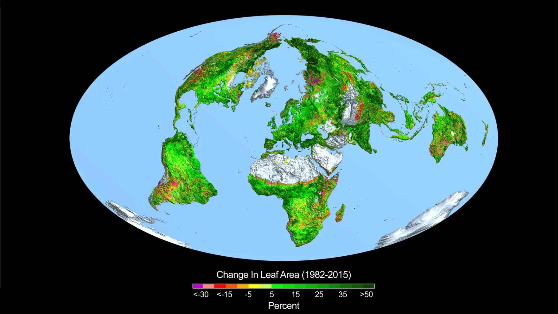 World map showing changes in leaf area from 1982 to 2015 with regions of greening and vegetation decline