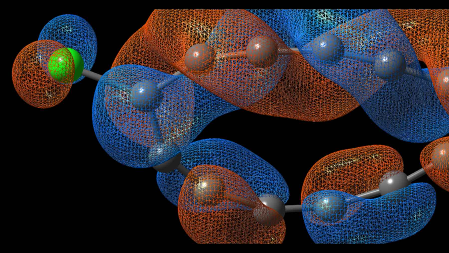 Visualization of electron density orbitals in a half Möbius carbon ring molecule showing twisted quantum topology