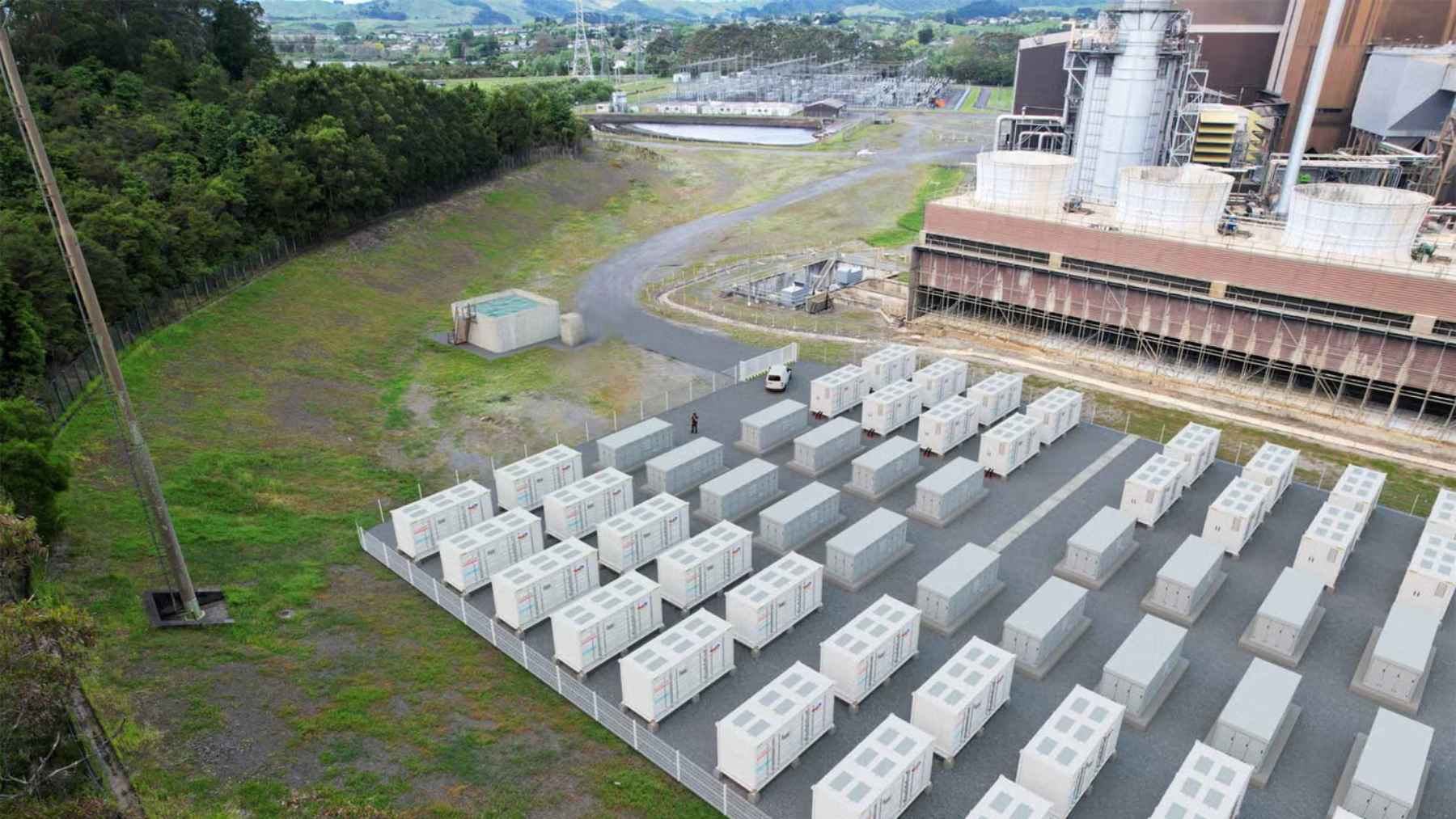 Aerial view of a grid battery installation at Huntly Power Station in New Zealand