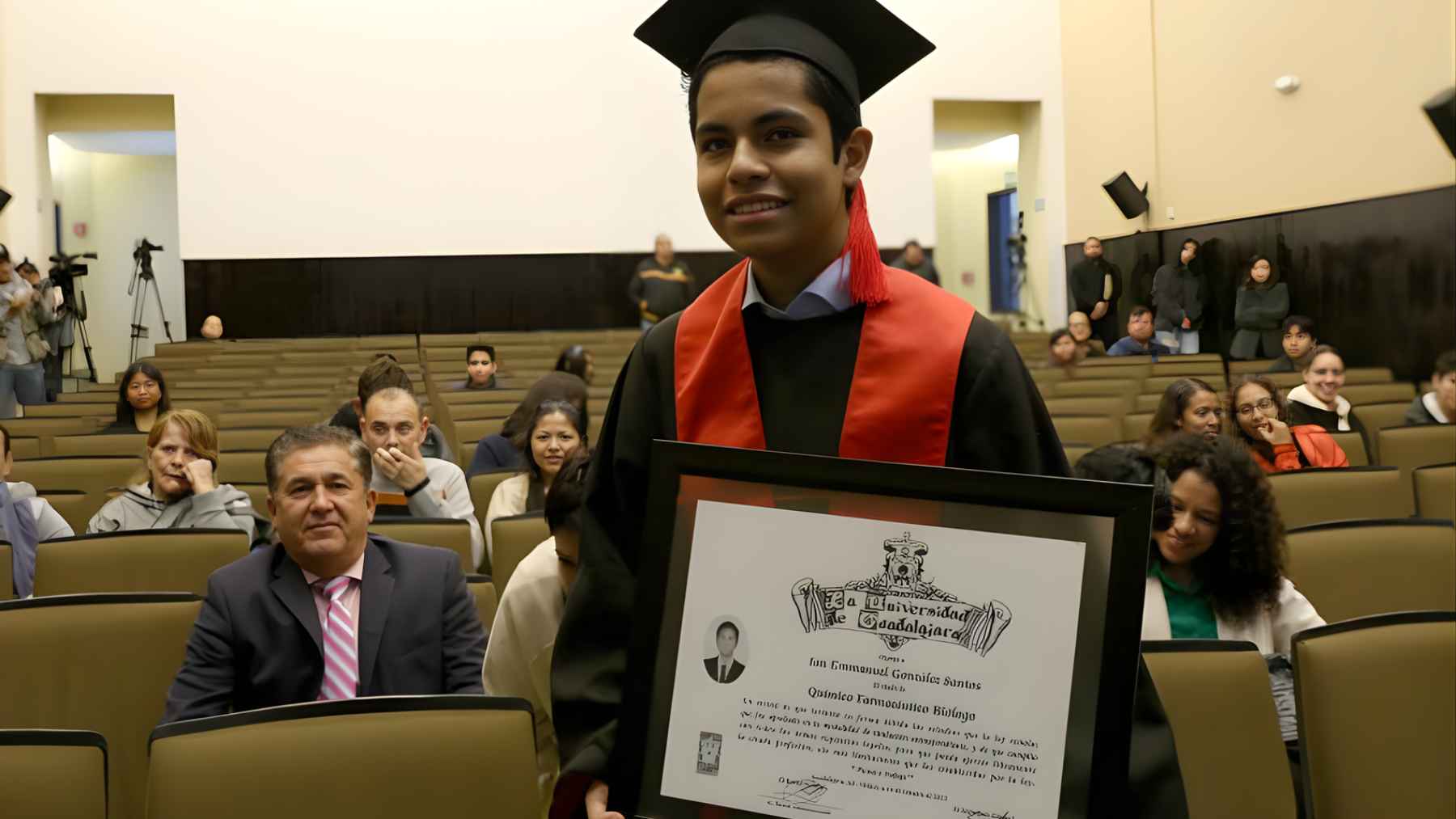 Ian González Santos holds his University of Guadalajara diploma during a graduation ceremony in an auditorium