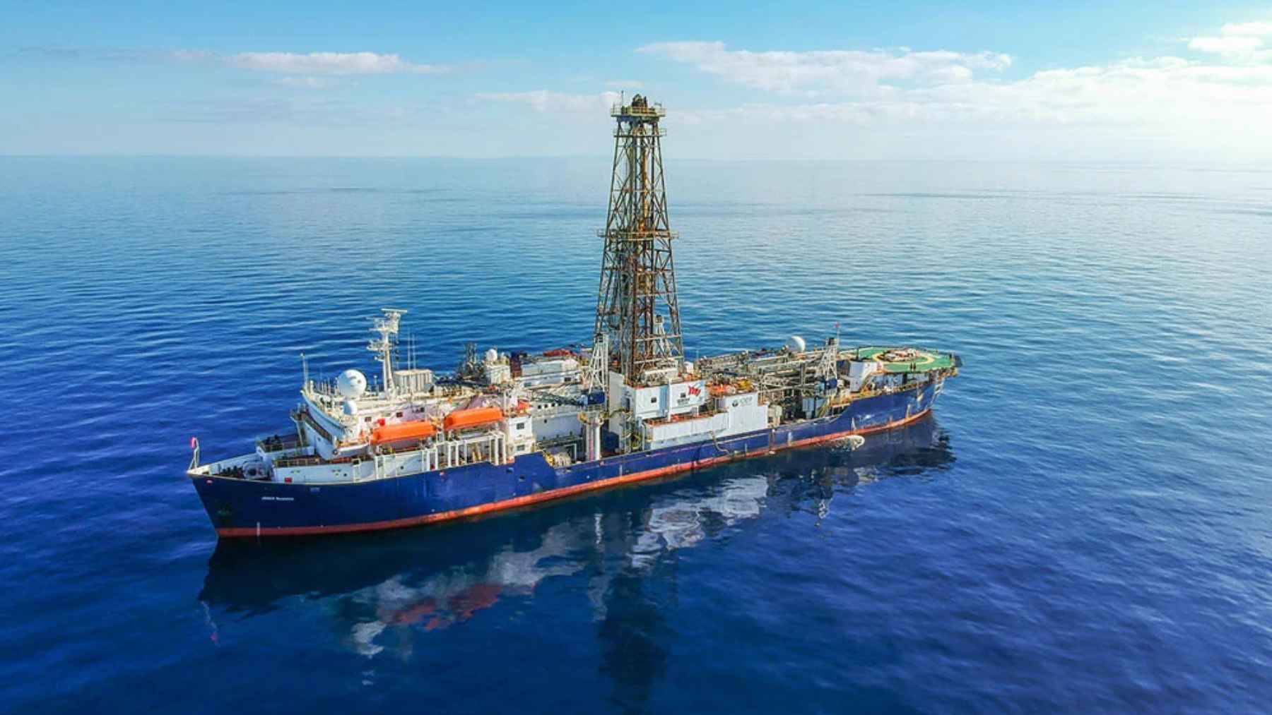 JOIDES Resolution research vessel at sea during the expedition that recovered the deepest mantle core ever drilled beneath the Atlantic Ocean