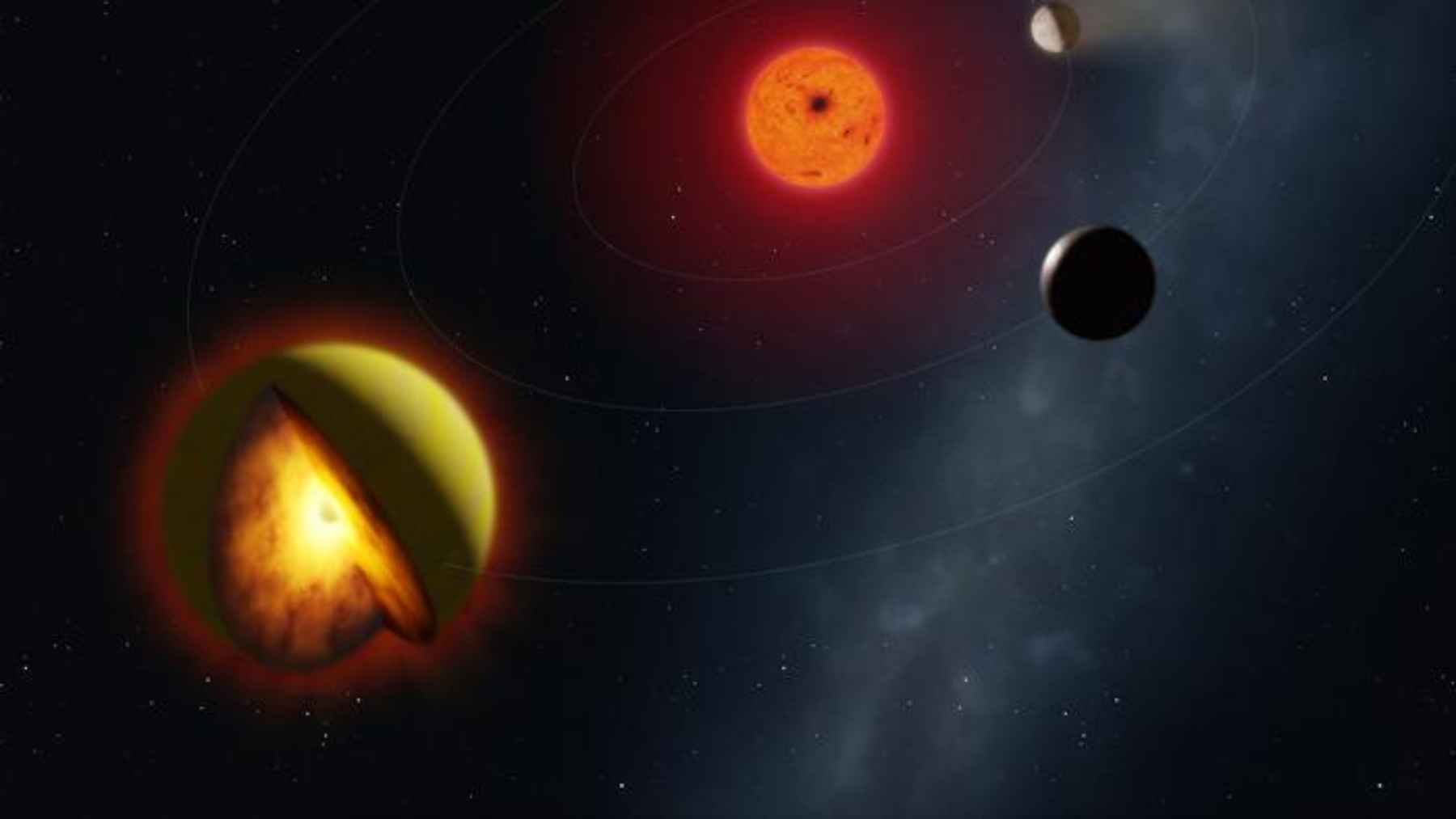 Artist’s illustration of a magma ocean exoplanet with a glowing molten surface and thick sulfur-rich atmosphere