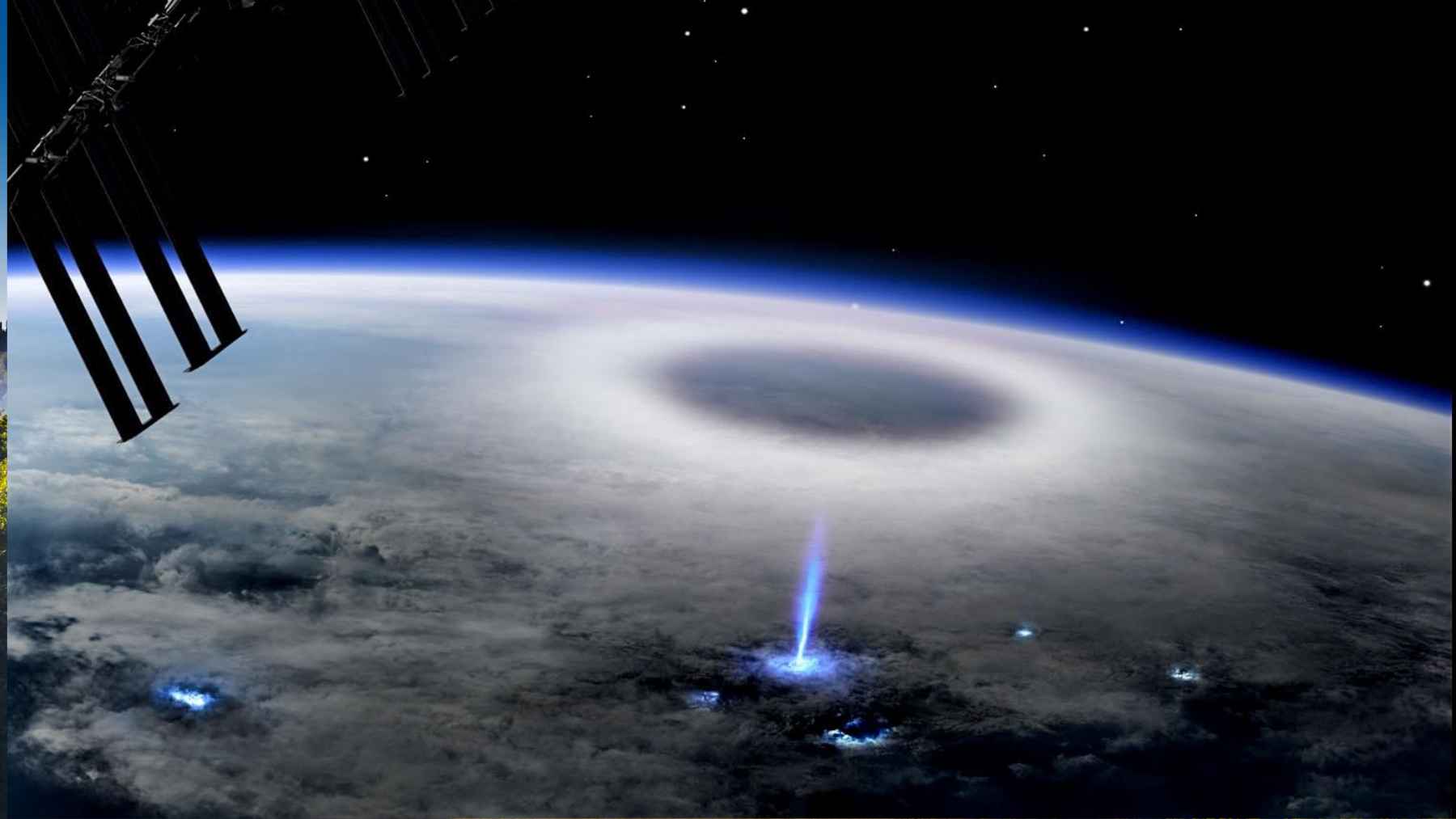 Artist’s impression of a blue jet lightning discharge rising from a thunderstorm as seen from the International Space Station.