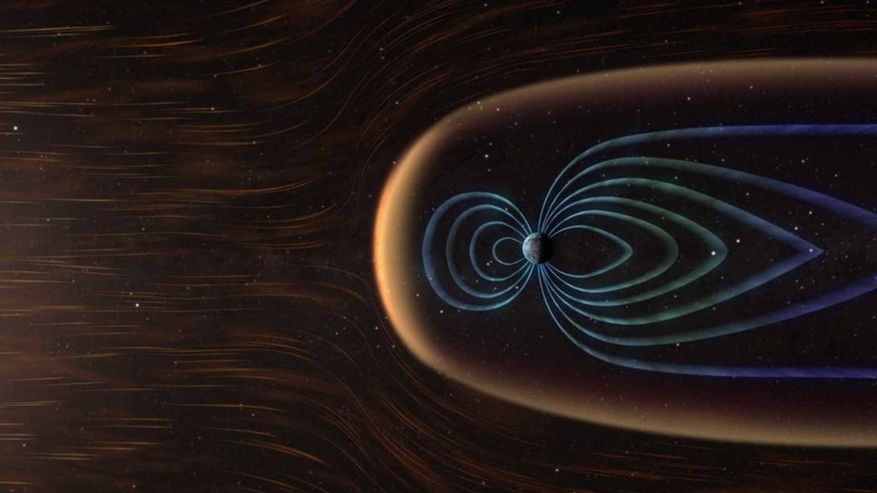 A digital illustration showing Earth’s blue magnetic field lines shielding the planet from solar wind while green vegetation represents oxygen production.