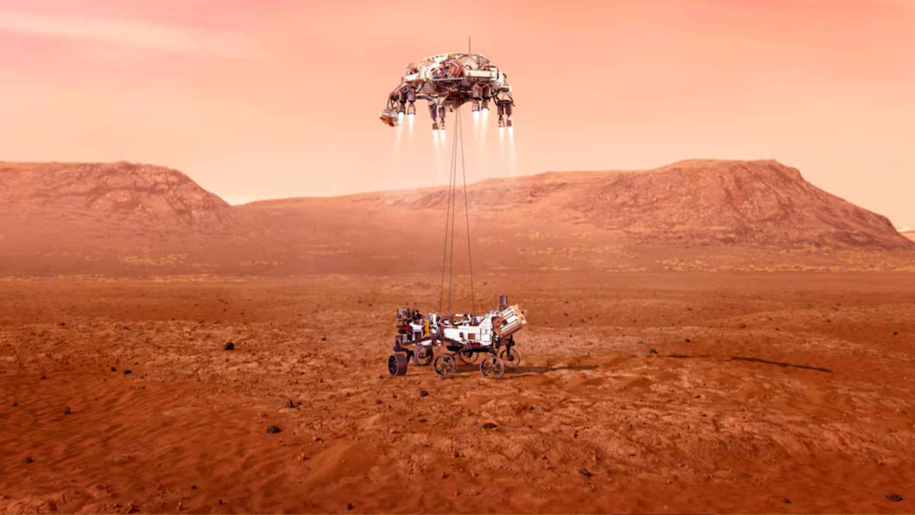 Perseverance rover on the Martian surface with dusty horizon and storm conditions