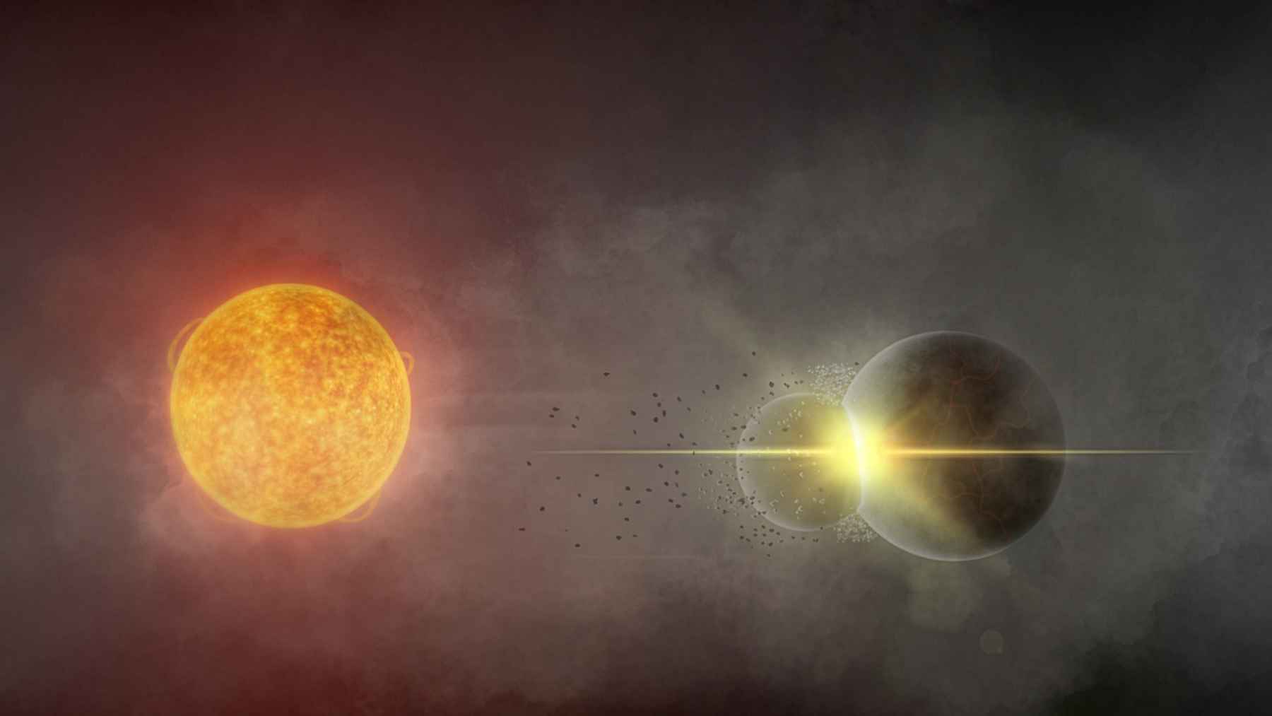 Artist’s illustration of two young planets colliding and producing a large cloud of dust around a distant star