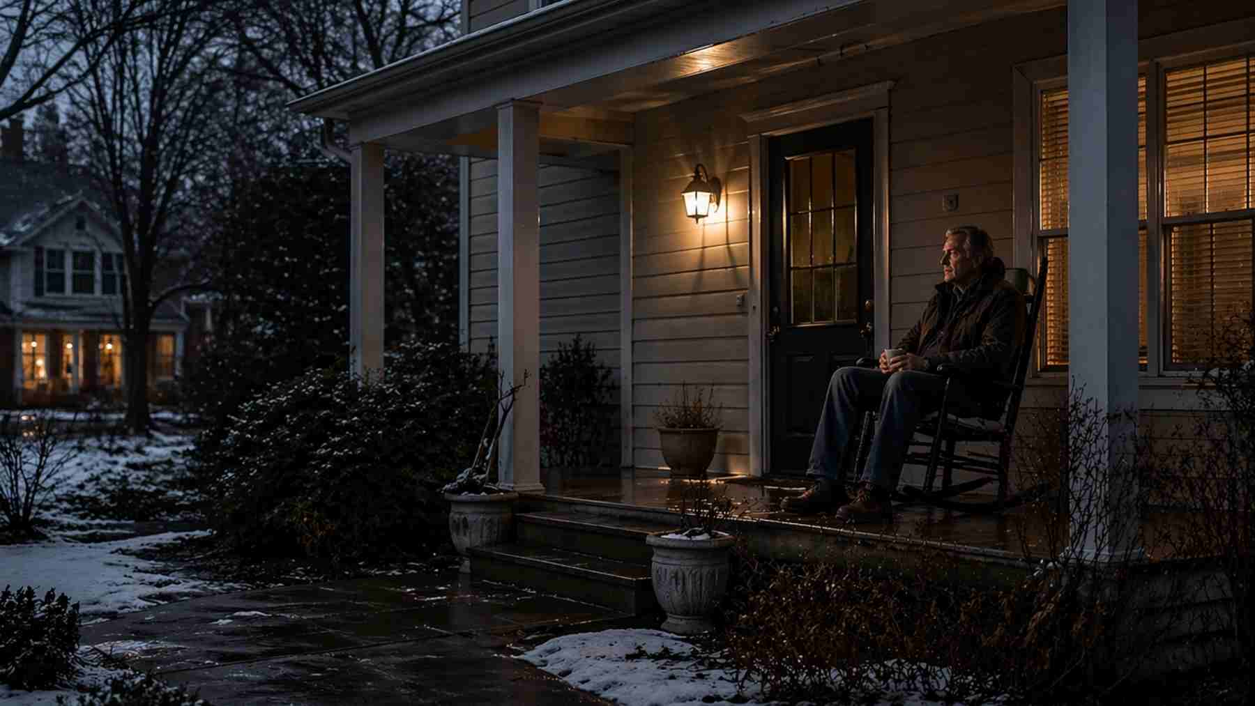 Older man sitting calmly on a quiet porch at night without Christmas lights, reflecting simplicity and peace of mind