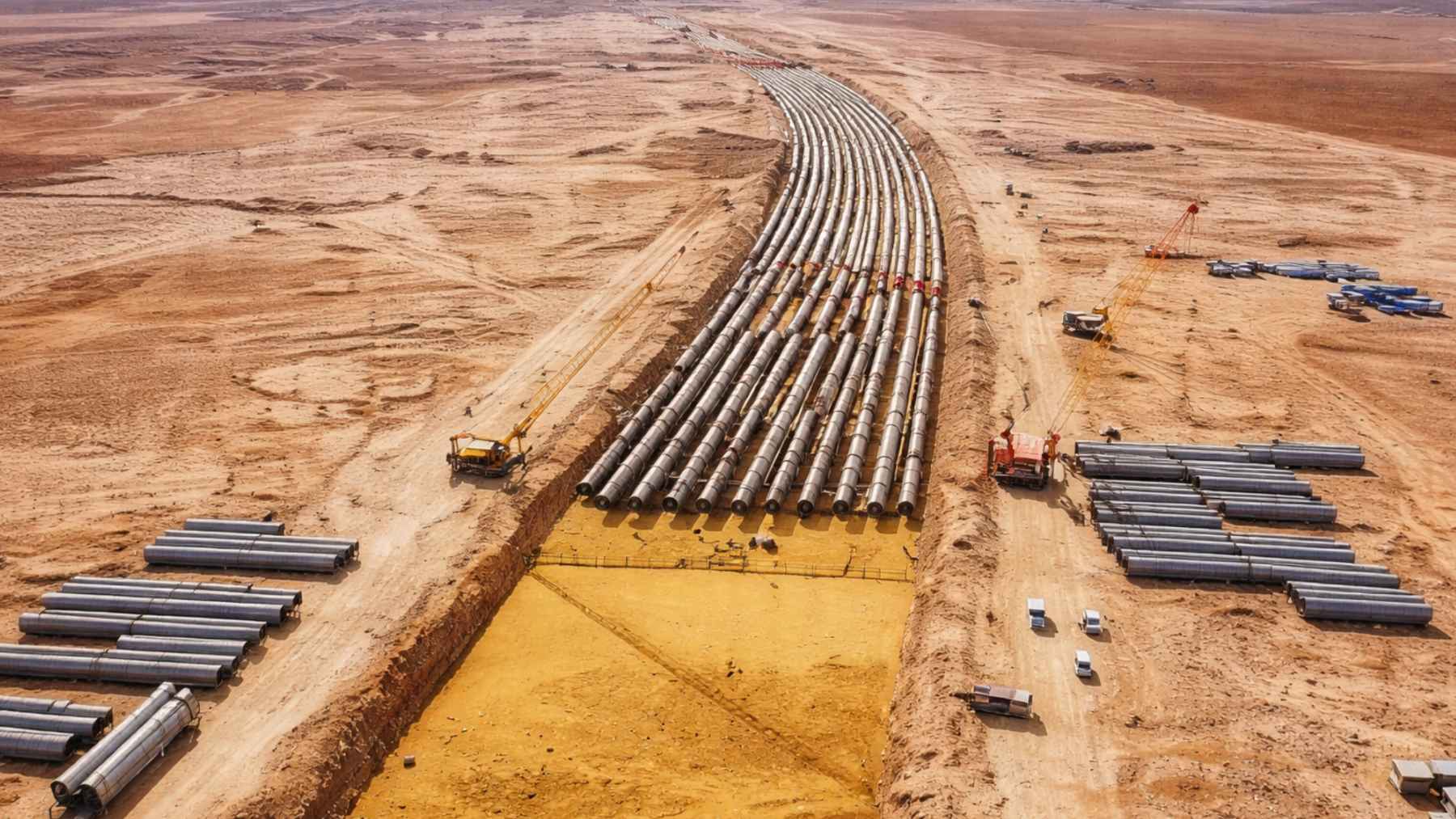 Large pipeline corridor in Riyadh carrying treated wastewater that feeds the flowing Wadi Hanifah desert river