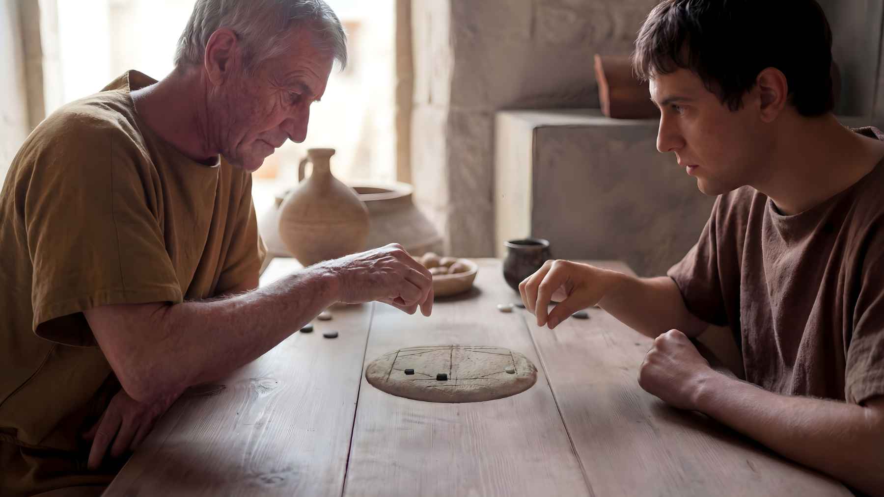 Illustration of two Roman men playing an ancient board game linked to an archaeological stone analyzed with artificial intelligence