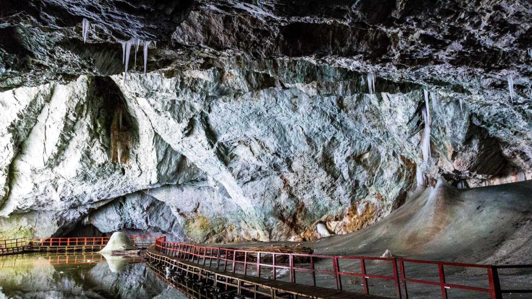 Interior view of Scărișoara Ice Cave in Romania, where scientists recovered an ancient bacterium from millennia-old ice
