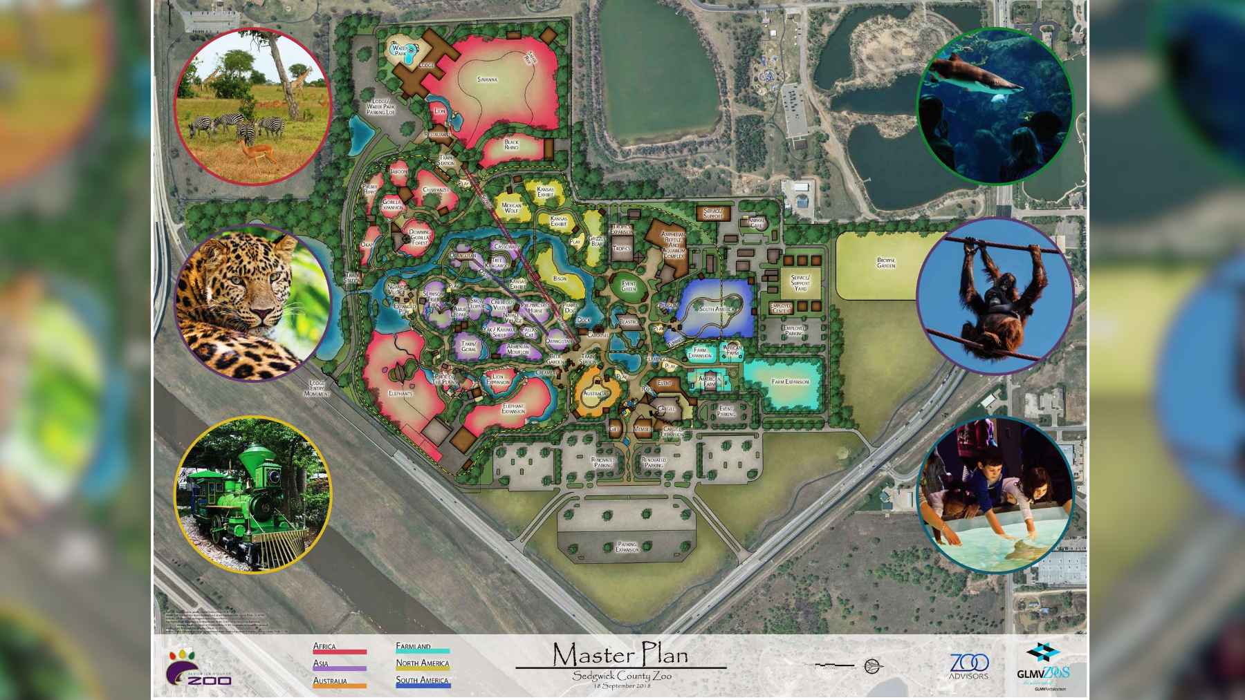 Sedgwick County Zoo master plan map showing the proposed African savanna expansion and future hotel area in Wichita
