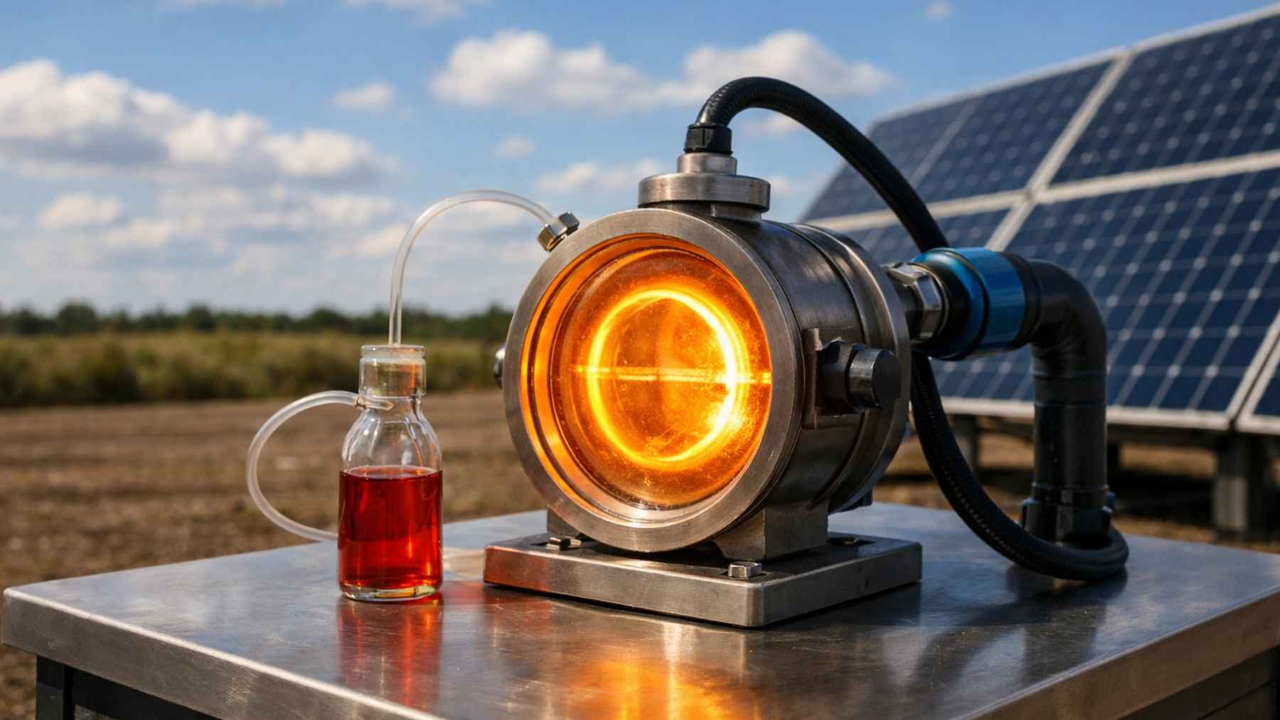 Solar-powered artificial leaf device converts CO2 into formate fuel beside solar panels