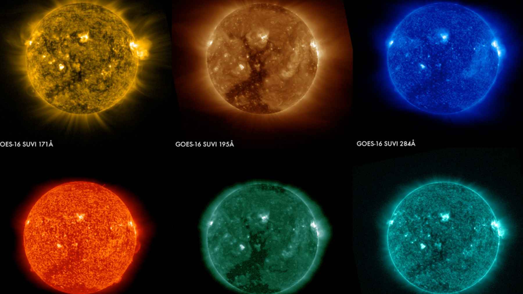 Six side-by-side images of the Sun captured by the GOES-16 SUVI instrument at different extreme ultraviolet wavelengths, showing varying levels of solar activity and temperature.